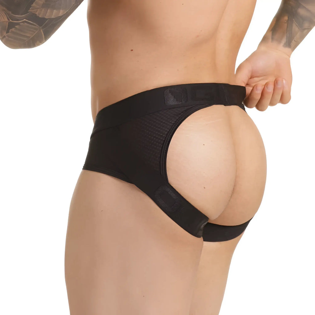 Black gigo combat gray brief jockstrap with wide elastic waistband mesh material and embossed branding on band