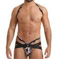 Black and white camouflage men’s briefs with halter-style design in gigo combat gray jockstrap harness