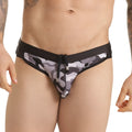 Black and gray camouflage patterned gigo combat gray swim brief with drawstring waistband for swimming use