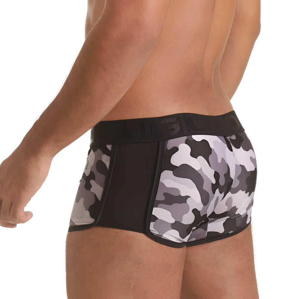 Black and gray camouflage patterned men’s briefs with solid black waistband gigo combat gray trunk