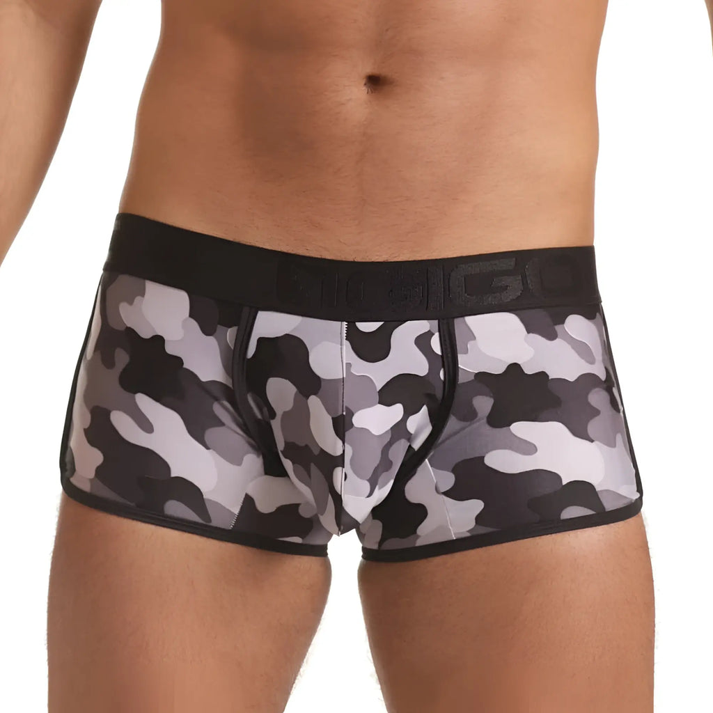 Men’s gigo combat gray trunk briefs in black and gray camouflage with black elastic waistband featuring bigg logo