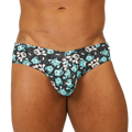 Black gigo comics swimbrief swim trunks with teal and white cartoon creatures and metal rings at the waistband