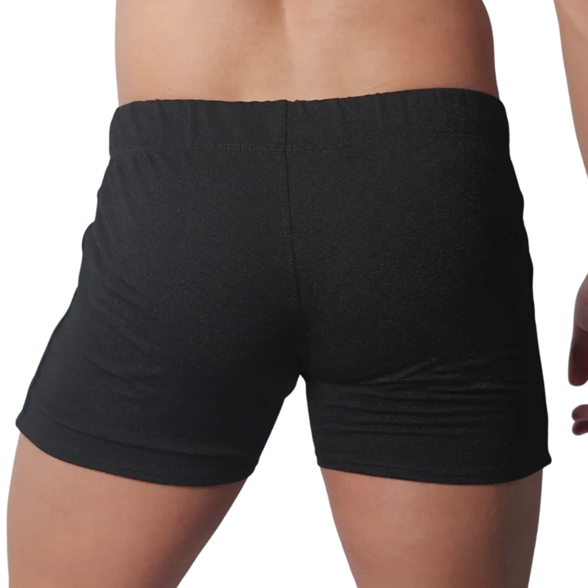 Back view of black form-fitting athletic shorts with a textured fabric and elastic waistband.