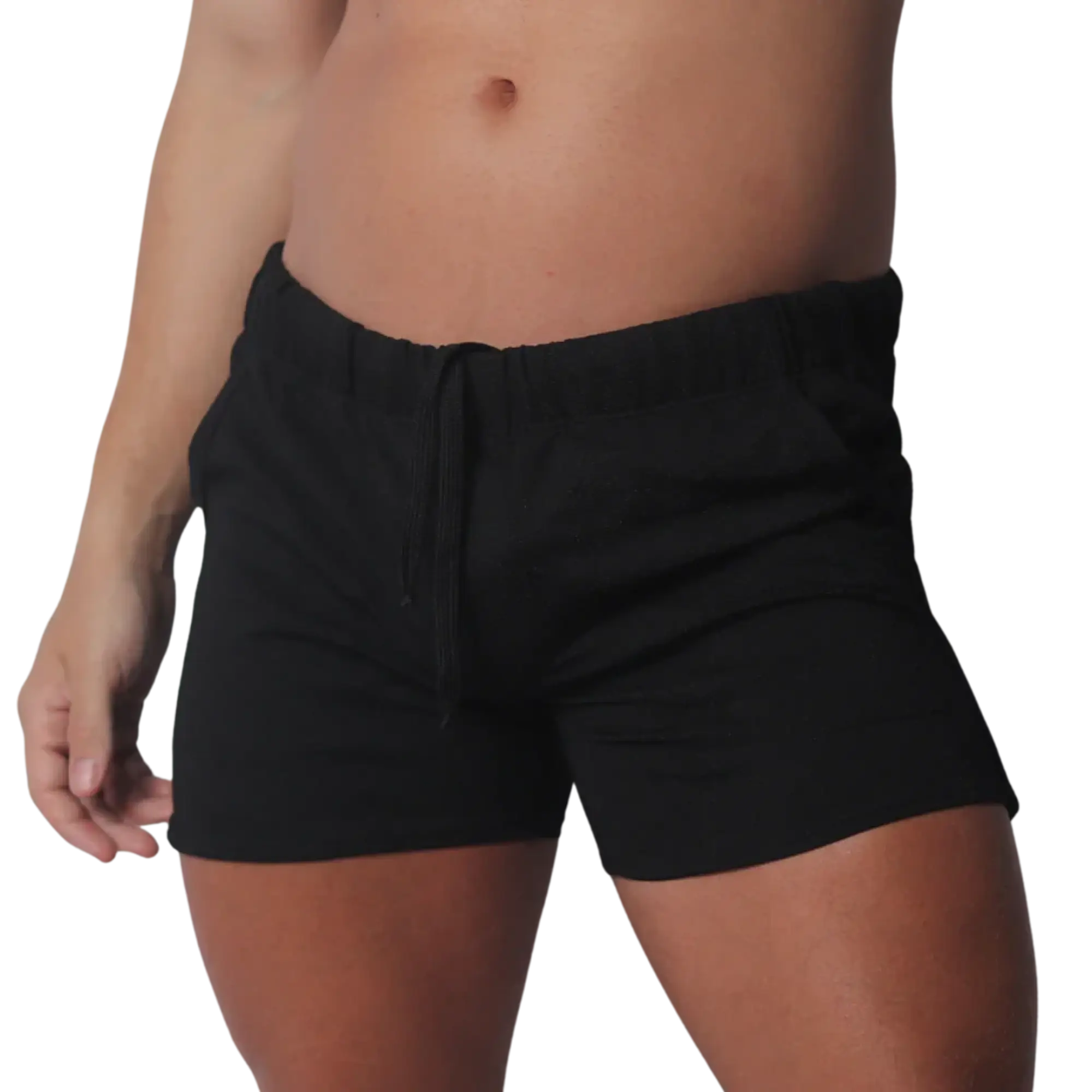 Black cotton-blend casual shorts featuring an elasticated waistband and matching drawstring.