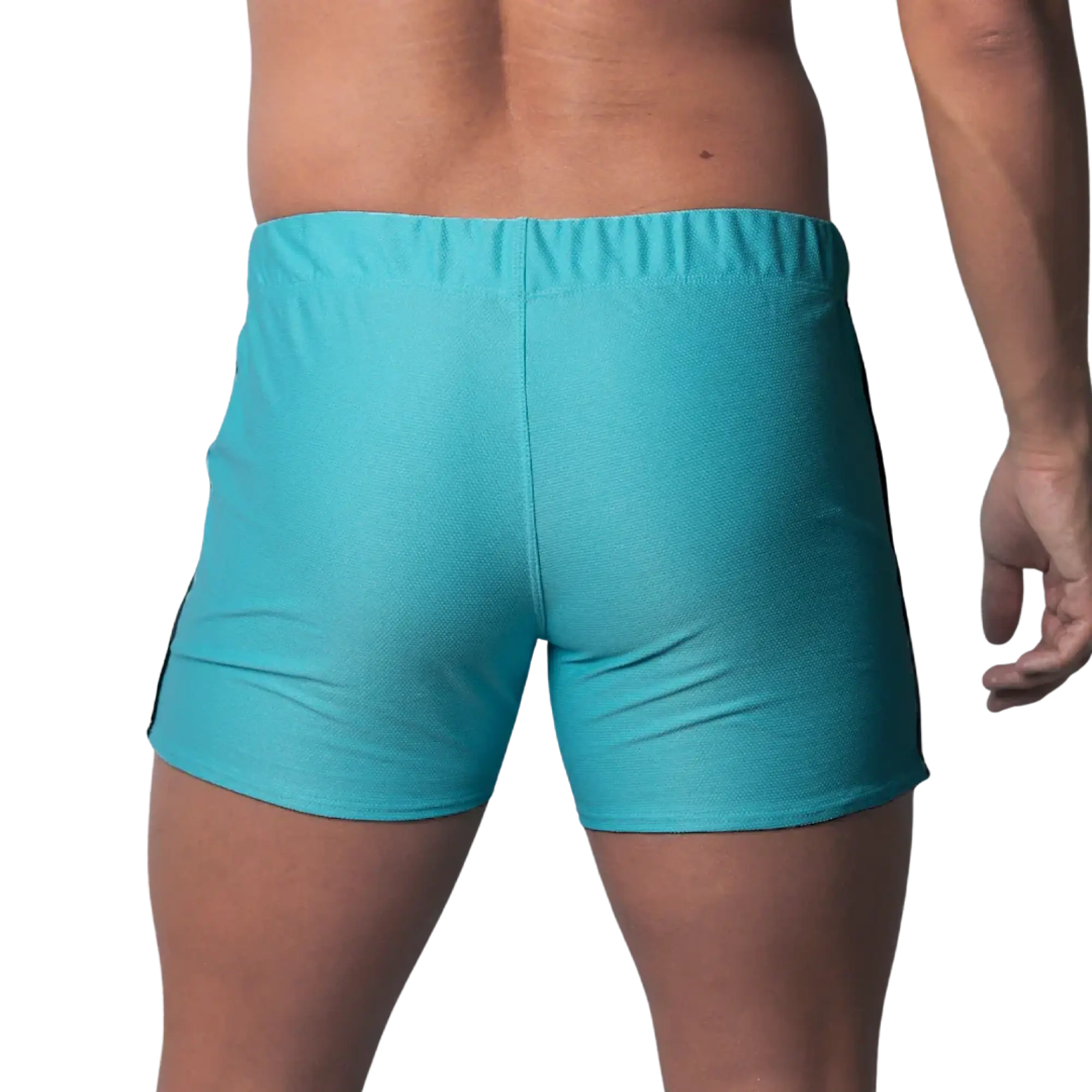 Back view of turquoise blue fitted athletic shorts with a textured honeycomb fabric and an elastic waistband.