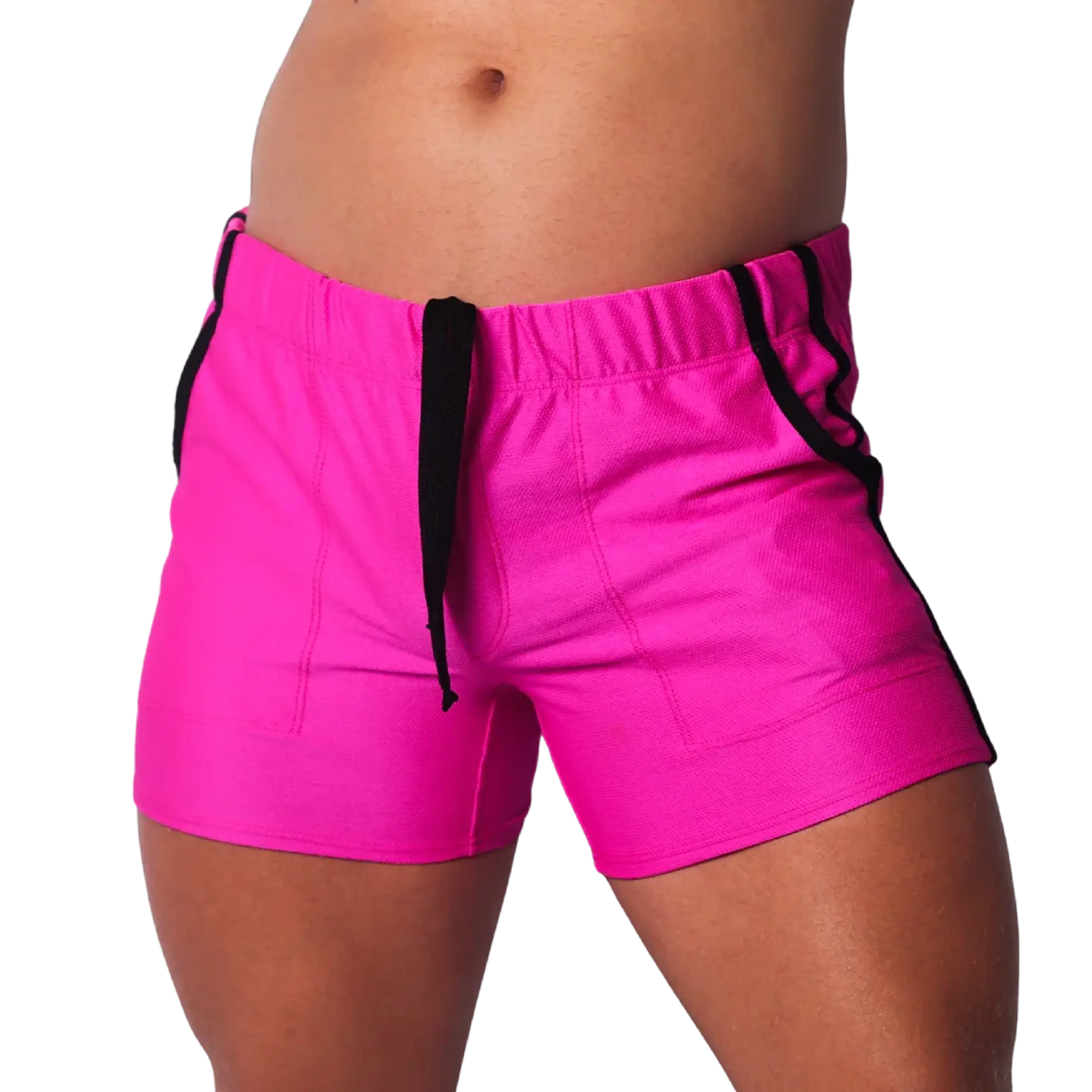 Fuchsia athletic mesh shorts with a black elastic waistband, black drawstrings, and black side trim.