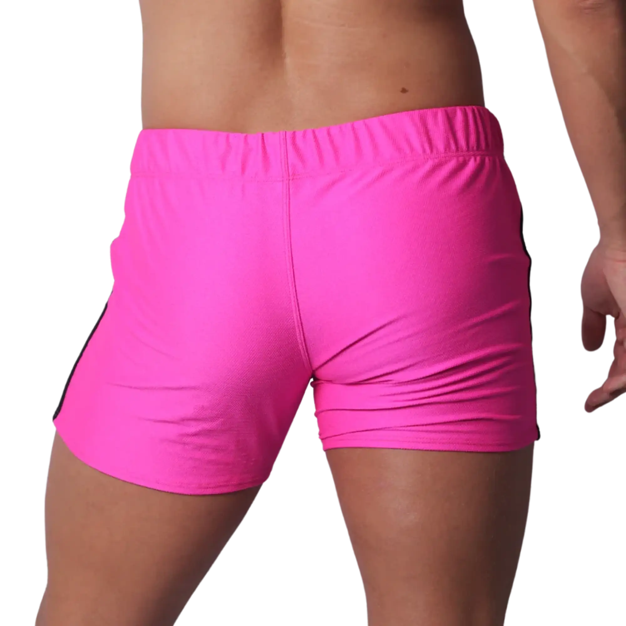Fuchsia athletic short-shorts in a textured performance fabric with an elastic waistband, viewed from the back.