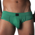 Green textured briefs with a supportive contour pouch, low-rise waistband, and small black logo patch.
