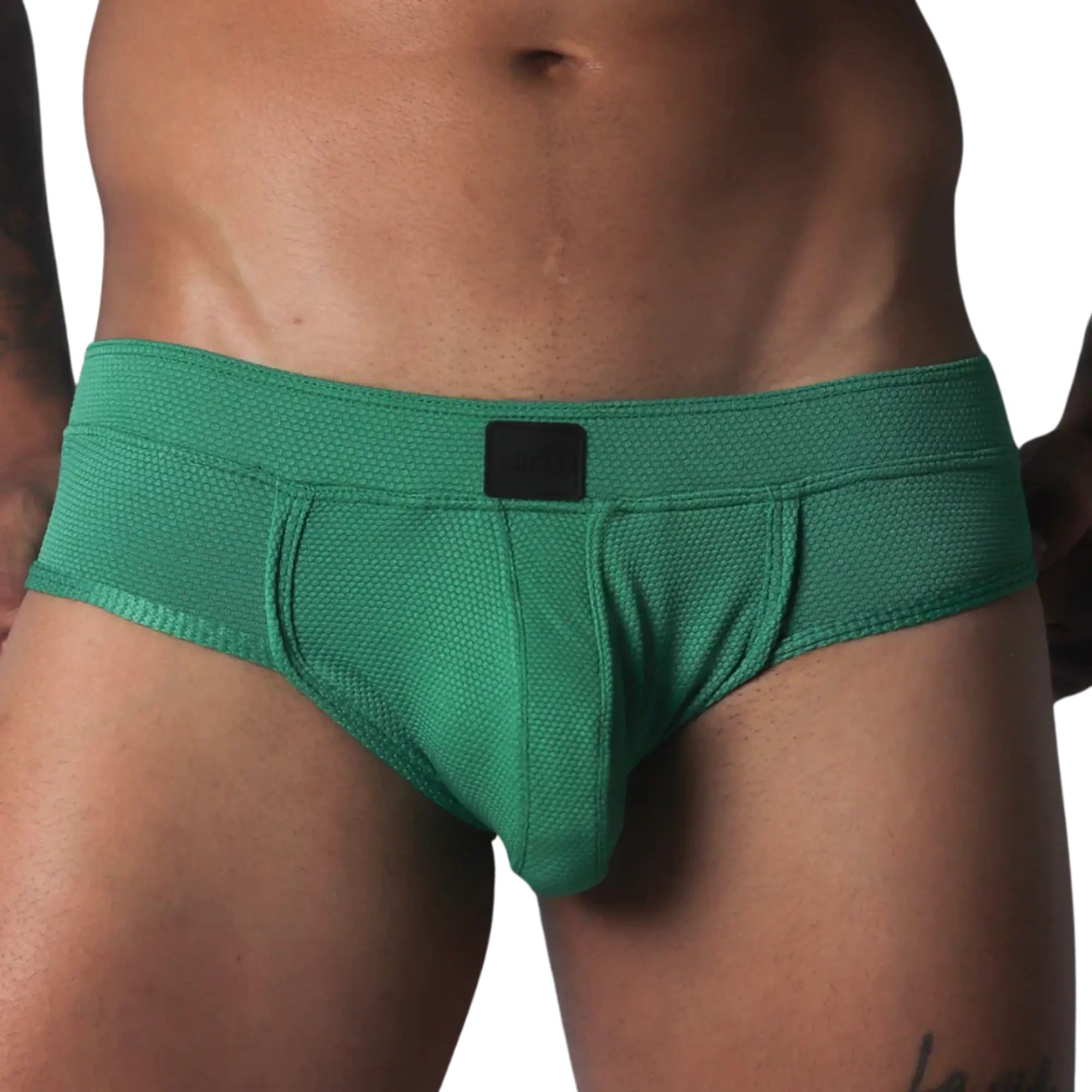 Green textured briefs with a supportive contour pouch, low-rise waistband, and small black logo patch.
