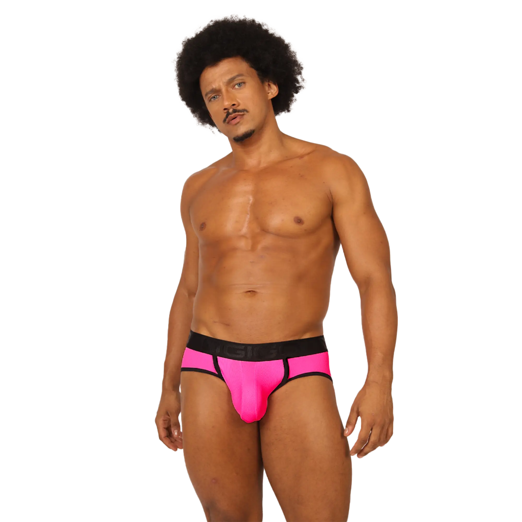Vibrant pink gigo cool fuchsia jock thong athletic briefs with black waistband and trim for sporty use