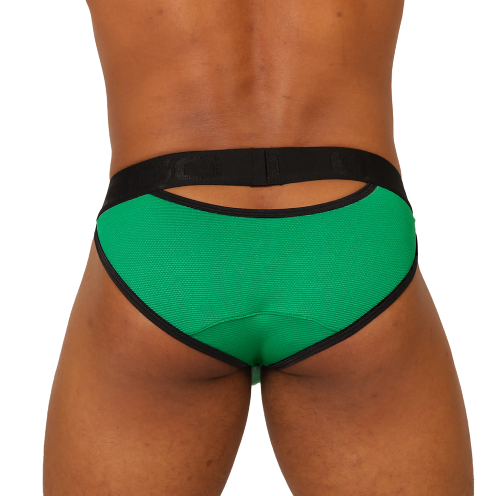 Back view of gigo cool green brief athletic briefs in green and black textured fabric with cutout design