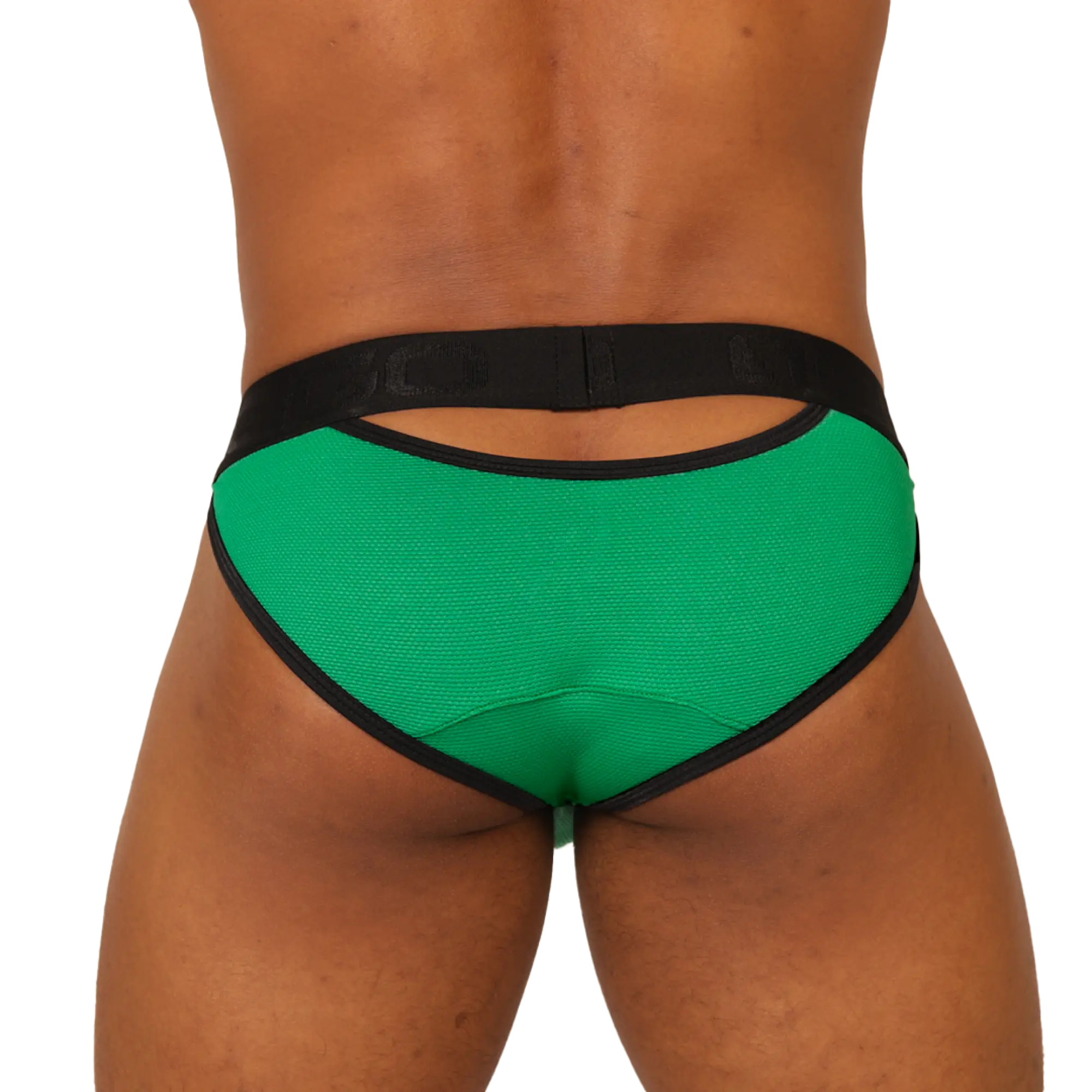 Back view of gigo cool green brief athletic briefs in green and black textured fabric with cutout design