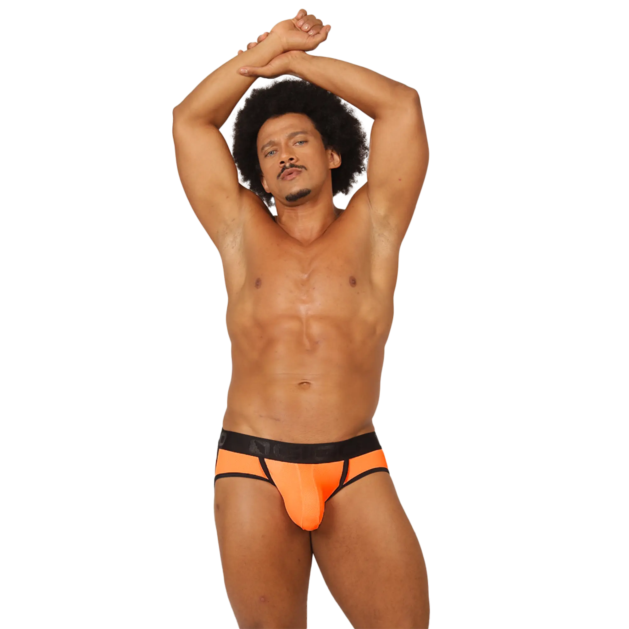 Bright orange gigo cool athletic jock thong with black waistband and trim designed for active wear