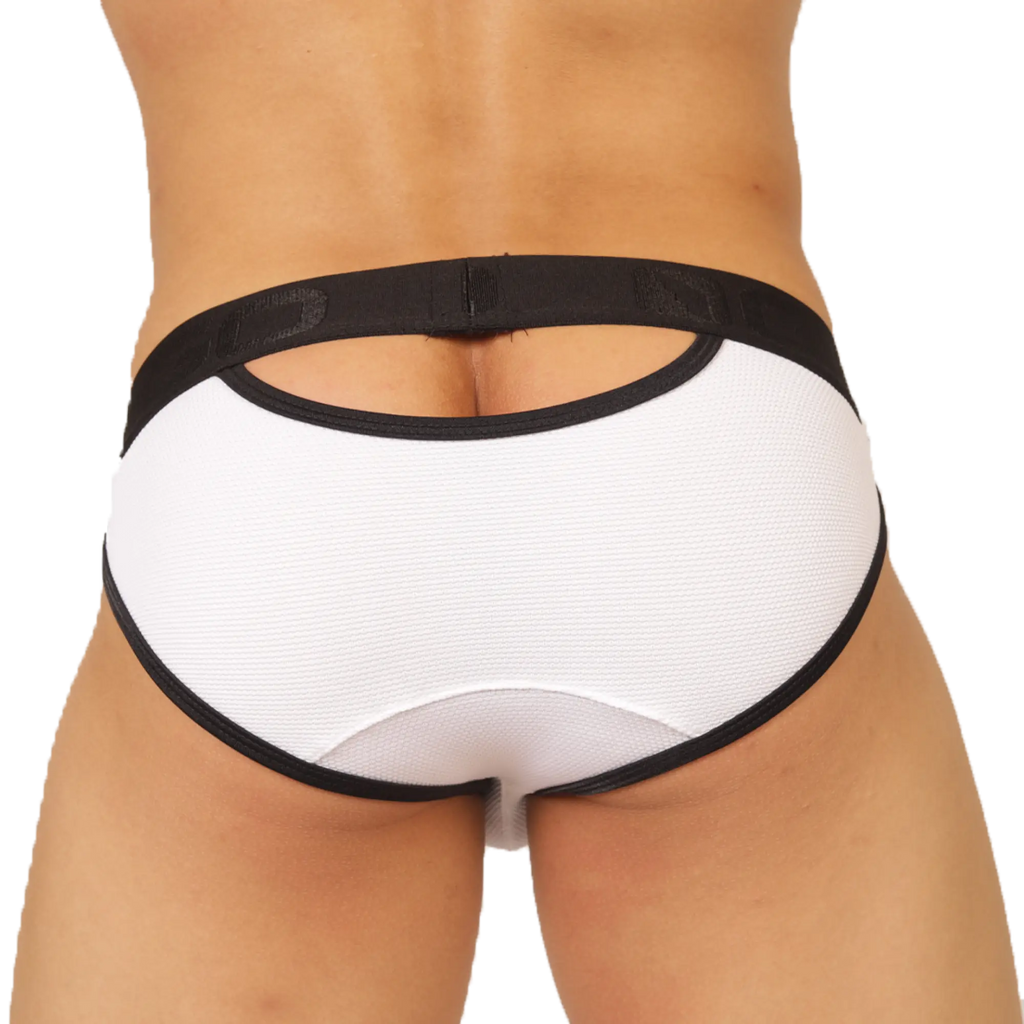 White briefs with black trim and textured fabric featuring an open back design shown from the back side in gigo cool white brief