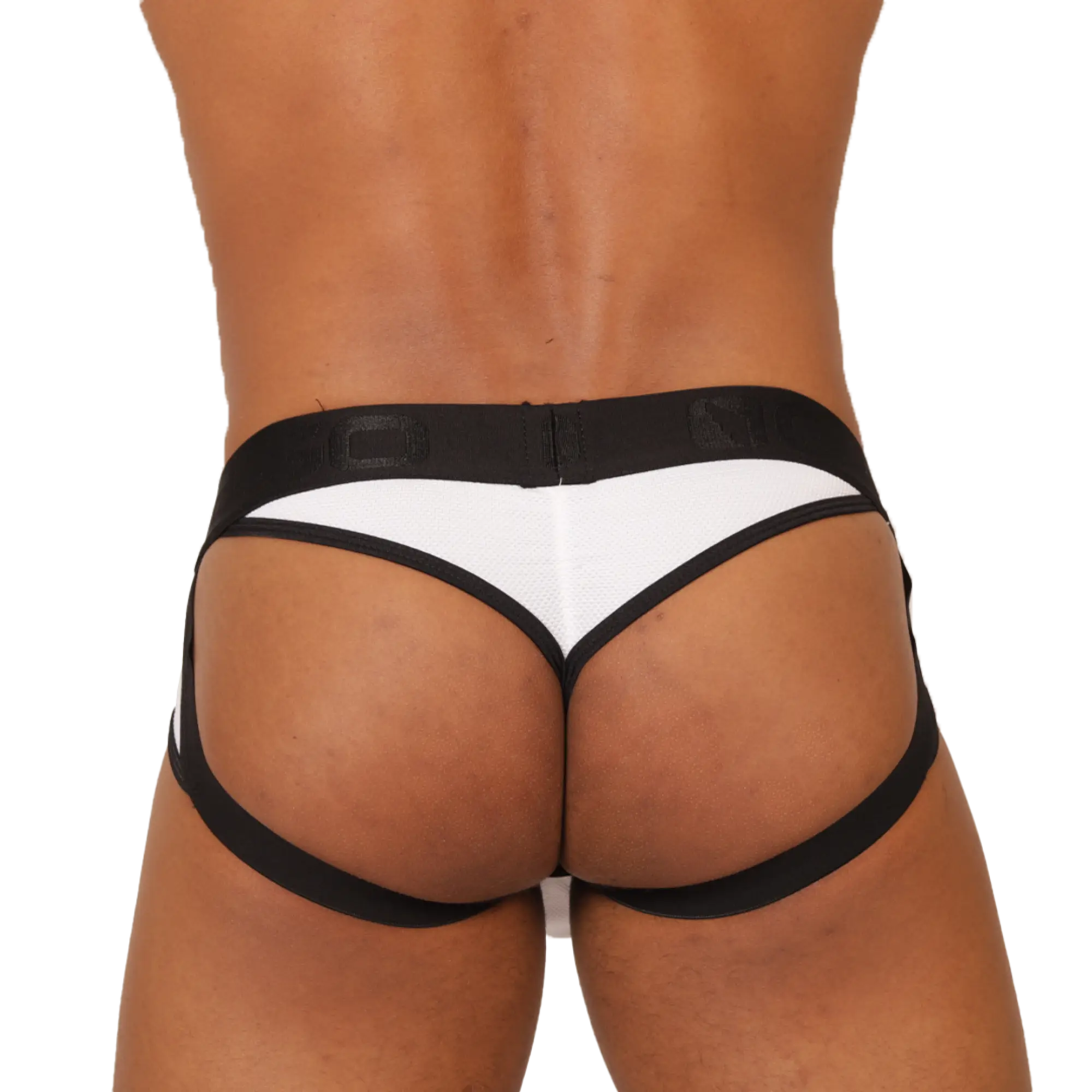 Gigo cool white jock thong in black and white athletic briefs with sleek contoured design shown from the back