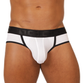 Gigo cool white jock thong in white and black with textured front panel and branded elastic waistband for athletic use