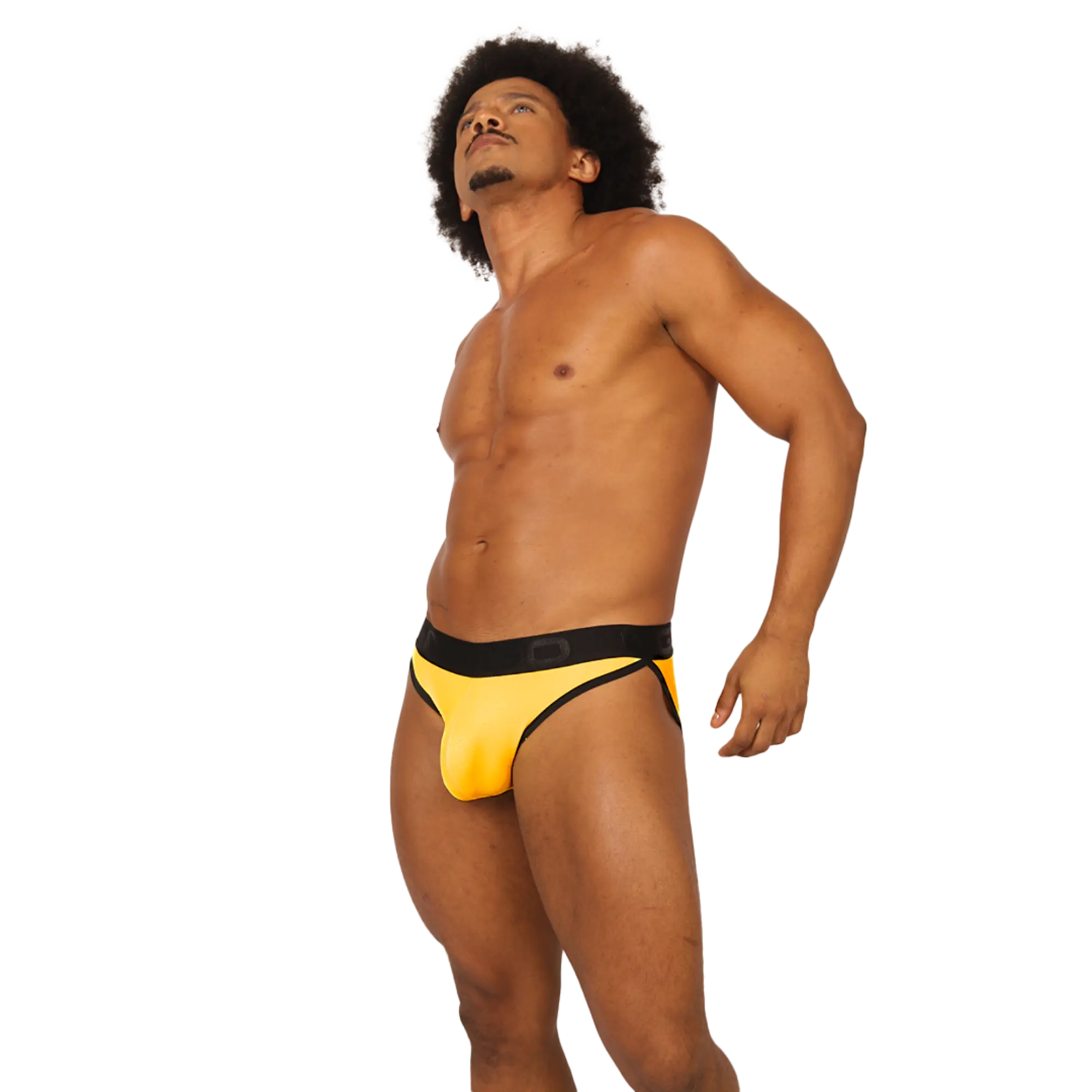 Bright yellow Gigo Cool athletic briefs with black waistband and trim designed for active wear