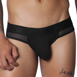 Black jockstrap with a branded elastic waistband, sheer mesh side panels, and a contour pouch.