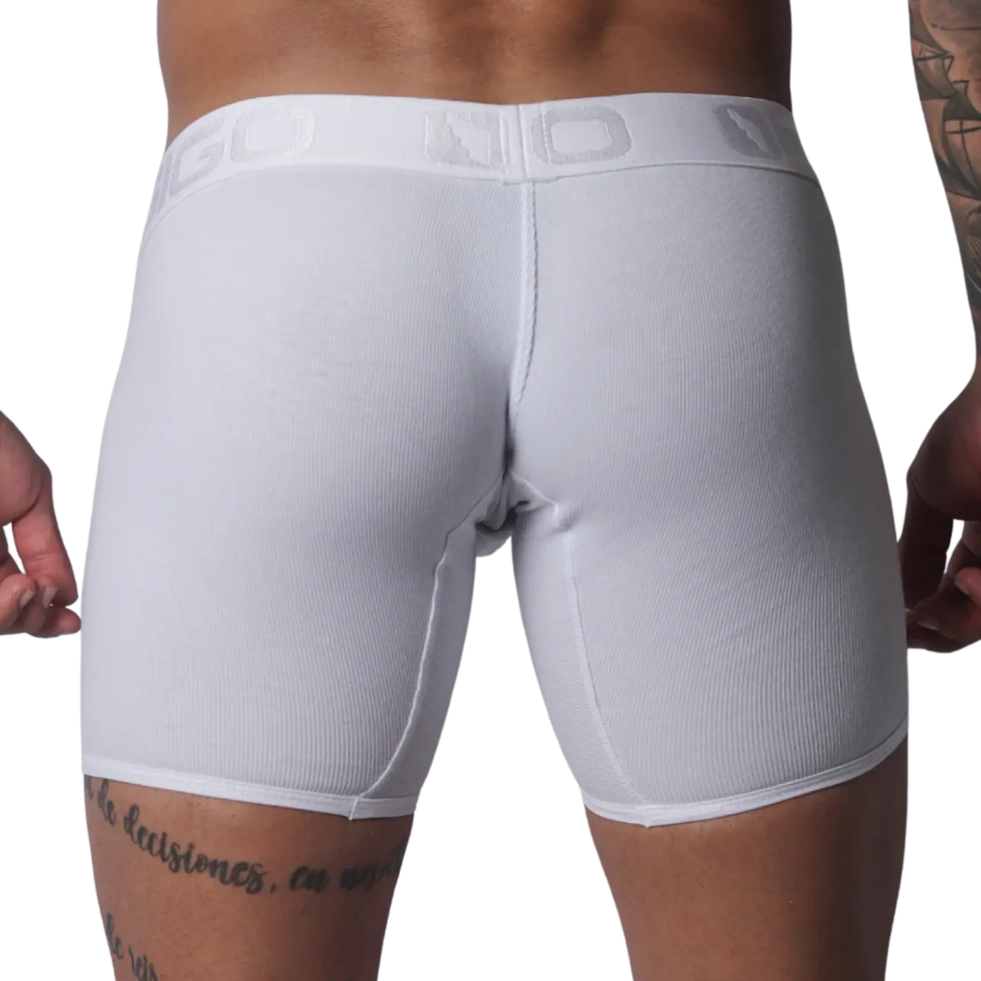 White ribbed cotton boxer trunk with a branded elastic waistband and centered back seam.
