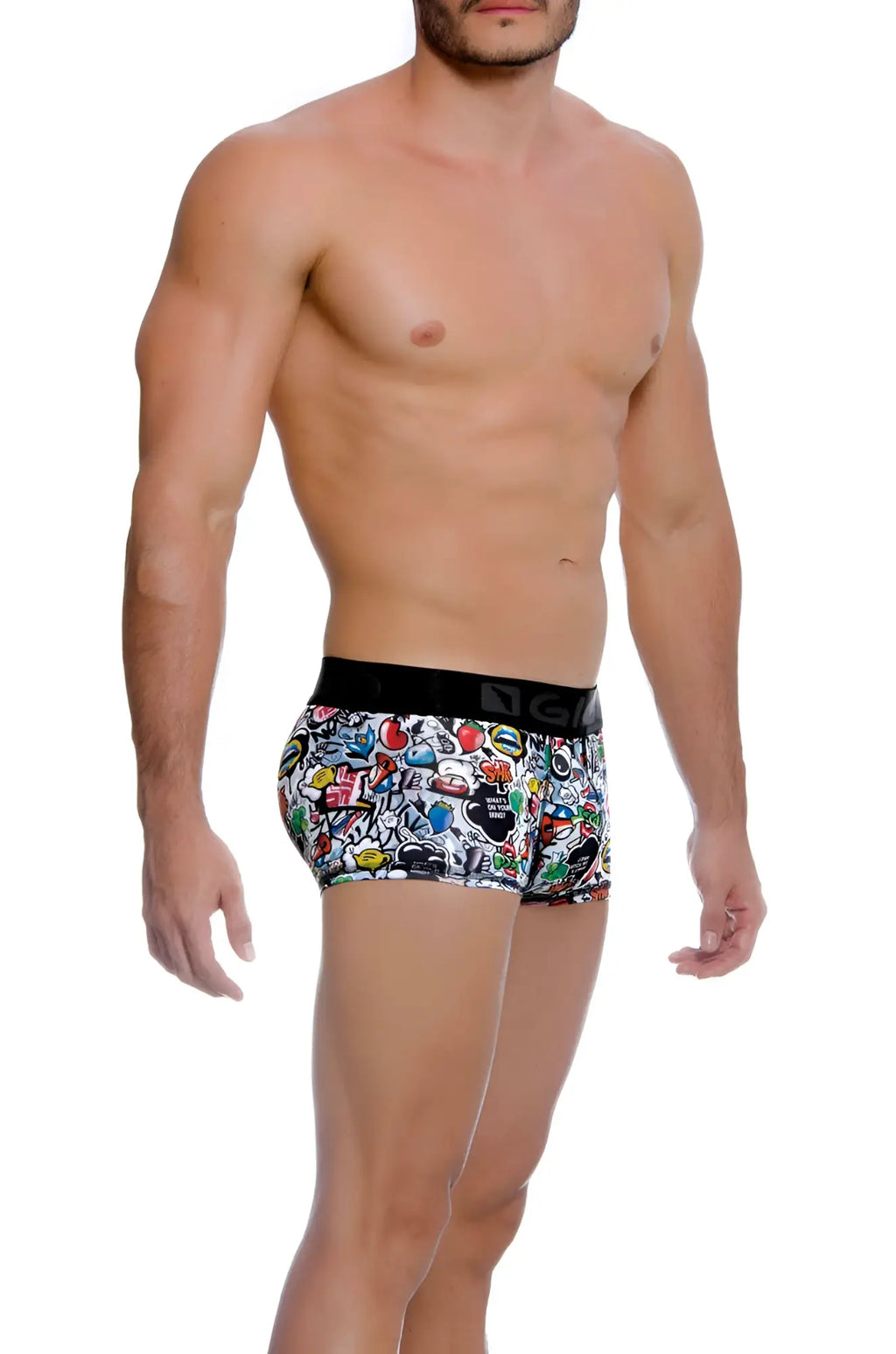 Gigo CRAZY short boxer underwear size M with black waistband and vibrant multicolored graffiti-style graphic print