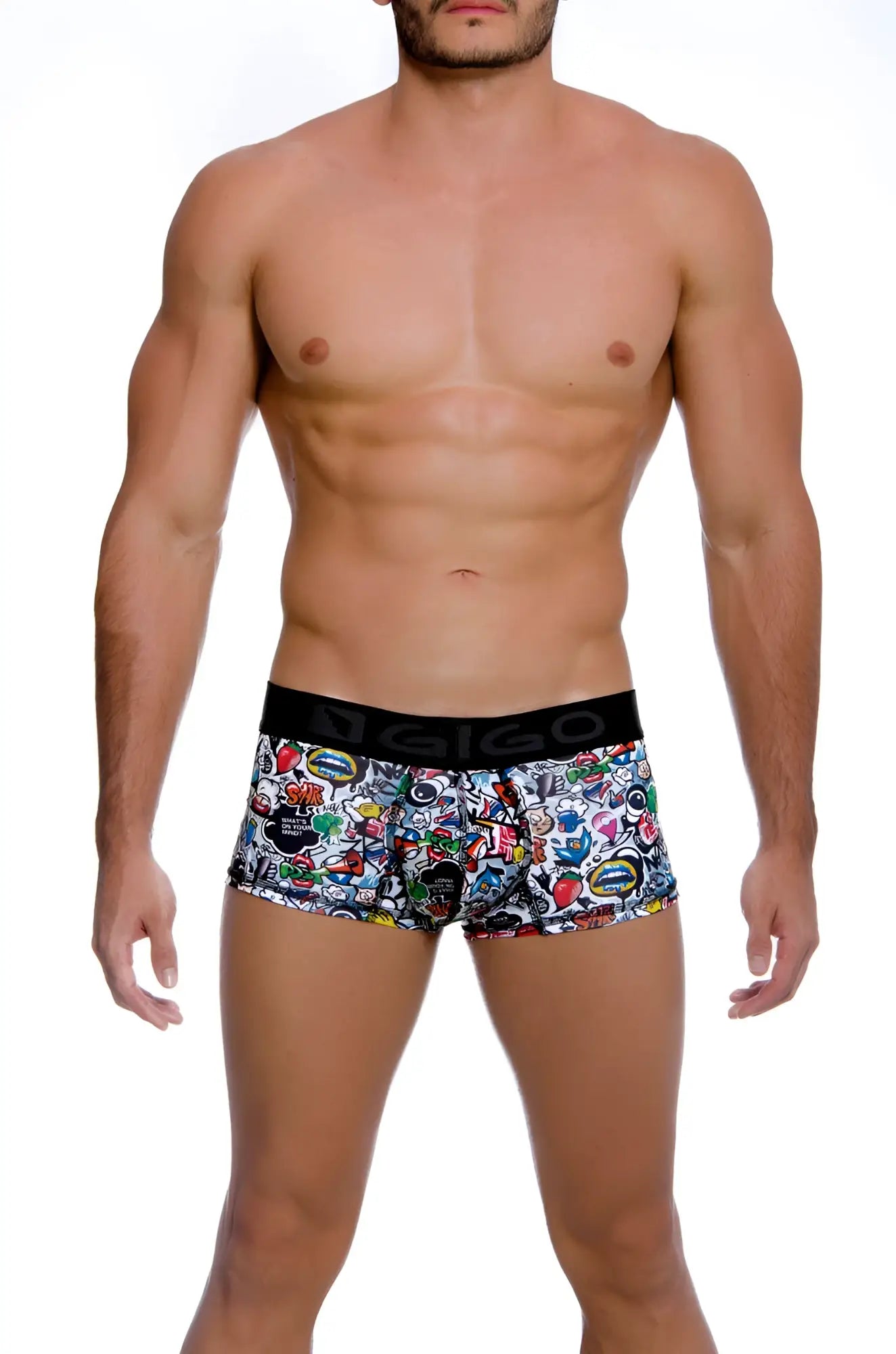 Men’s boxers gigo crazy short boxer underwear m with vibrant graffiti-style sticker print on white fabric and black waistband