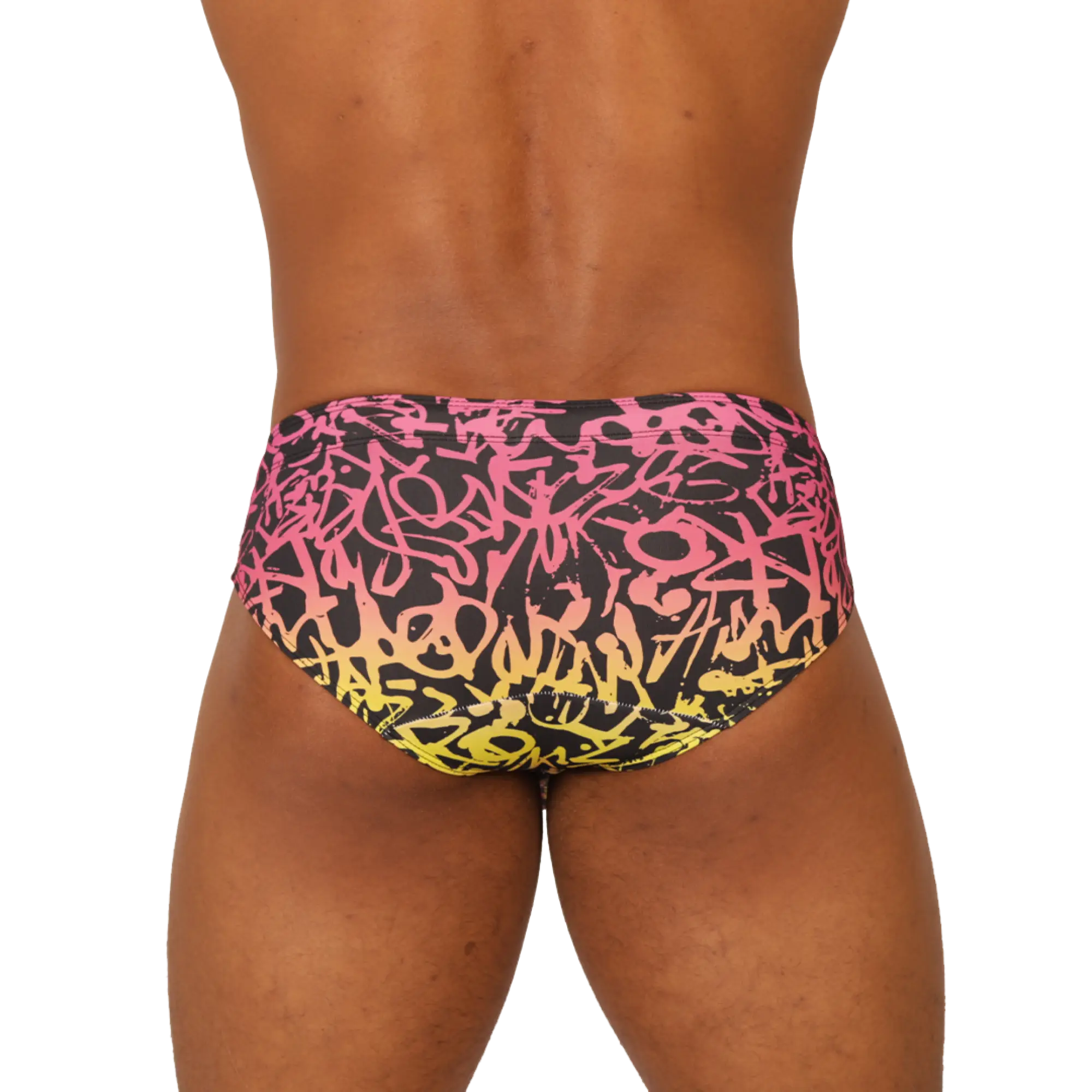 Vibrant black pink and yellow graffiti-patterned Gigo Crazy swimbrief swim trunks for bold poolside style