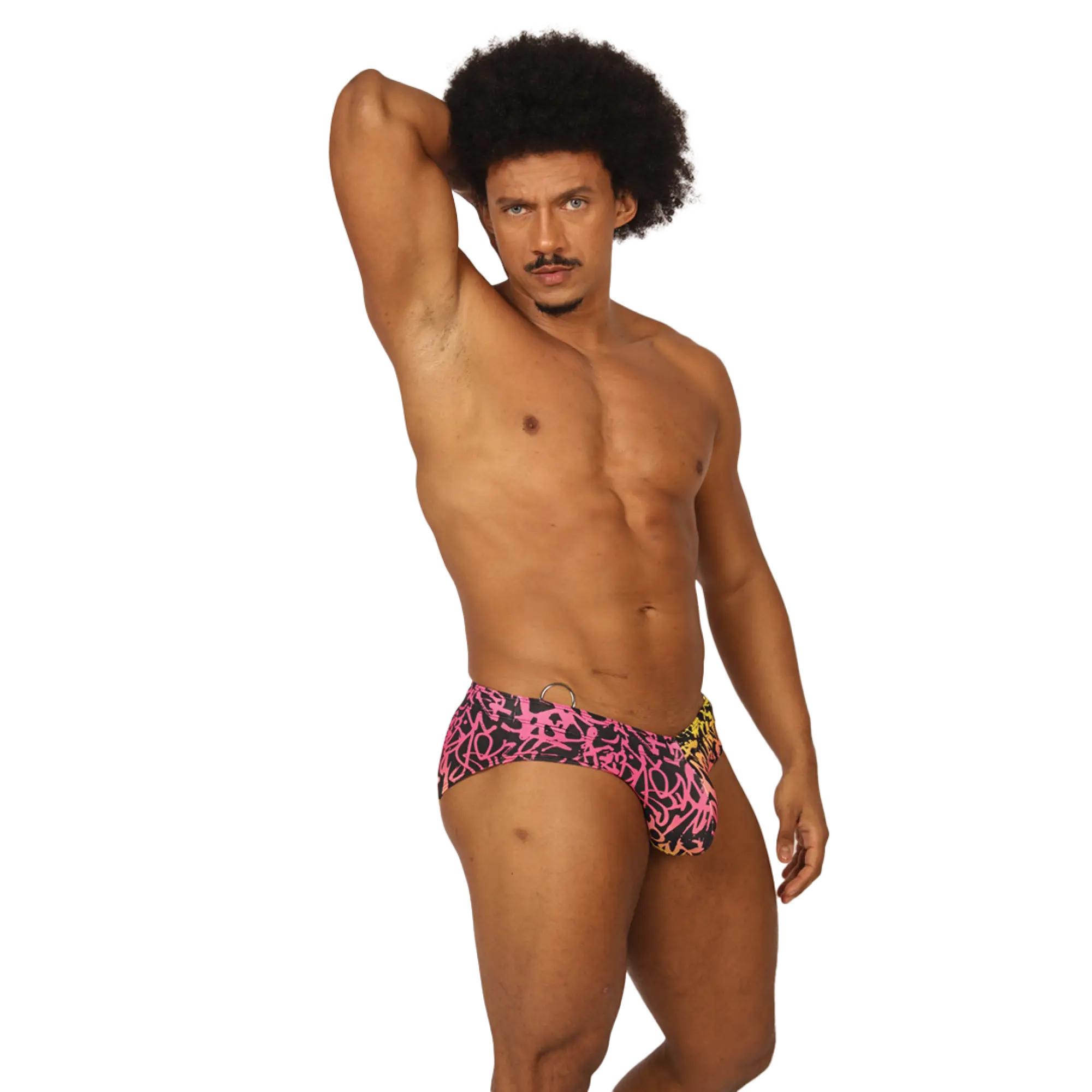 Gigo Crazy Swimbrief swim trunks in vibrant pink and black graffiti pattern with a yellow side accent for swimming