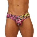 Gigo Crazy swimbrief vibrant pink and yellow graffiti-patterned swim trunks with black base for swimwear use