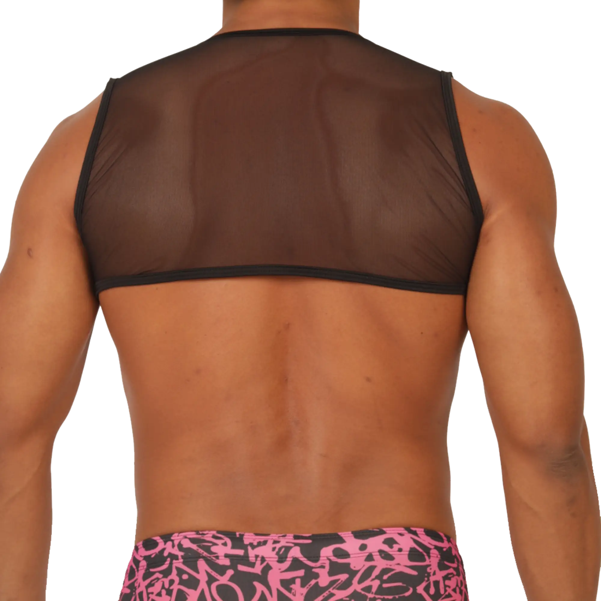 Black sheer mesh tank top with black trim in gigo crazy vest harness style showing front view