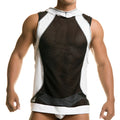 Black and white mesh sleeveless hoodie top with hood and contrasting solid side and hem panels from gigo destructive white hoody tshirt