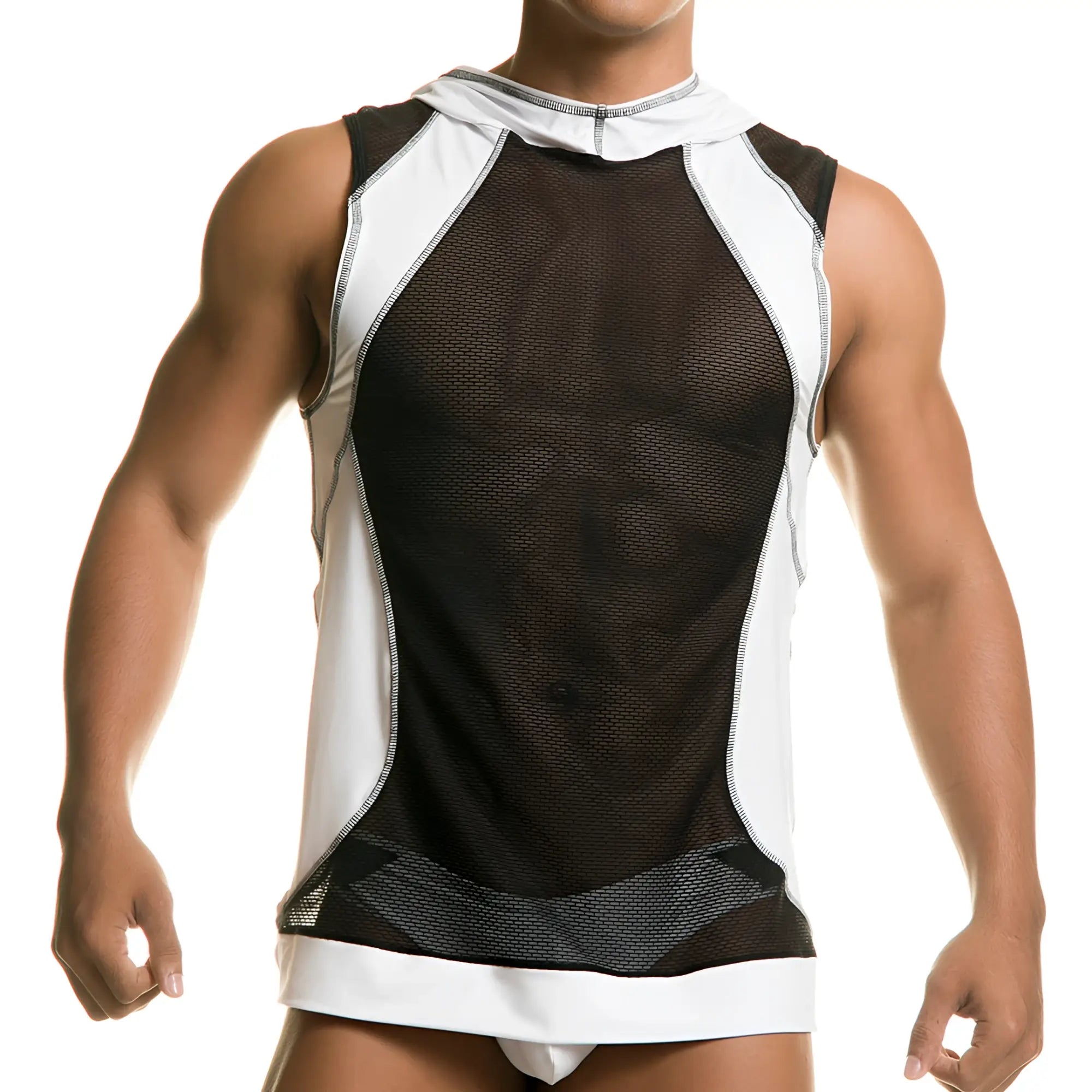 Black and white mesh sleeveless hoodie top with hood and contrasting solid side and hem panels from gigo destructive white hoody tshirt