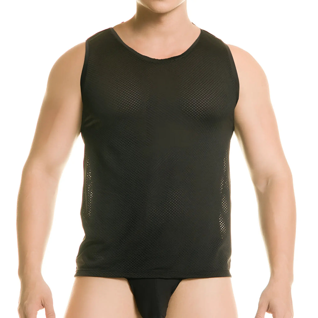 Gigo Diversity black tank mesh tank top with round neckline and side ventilation panels for breathability