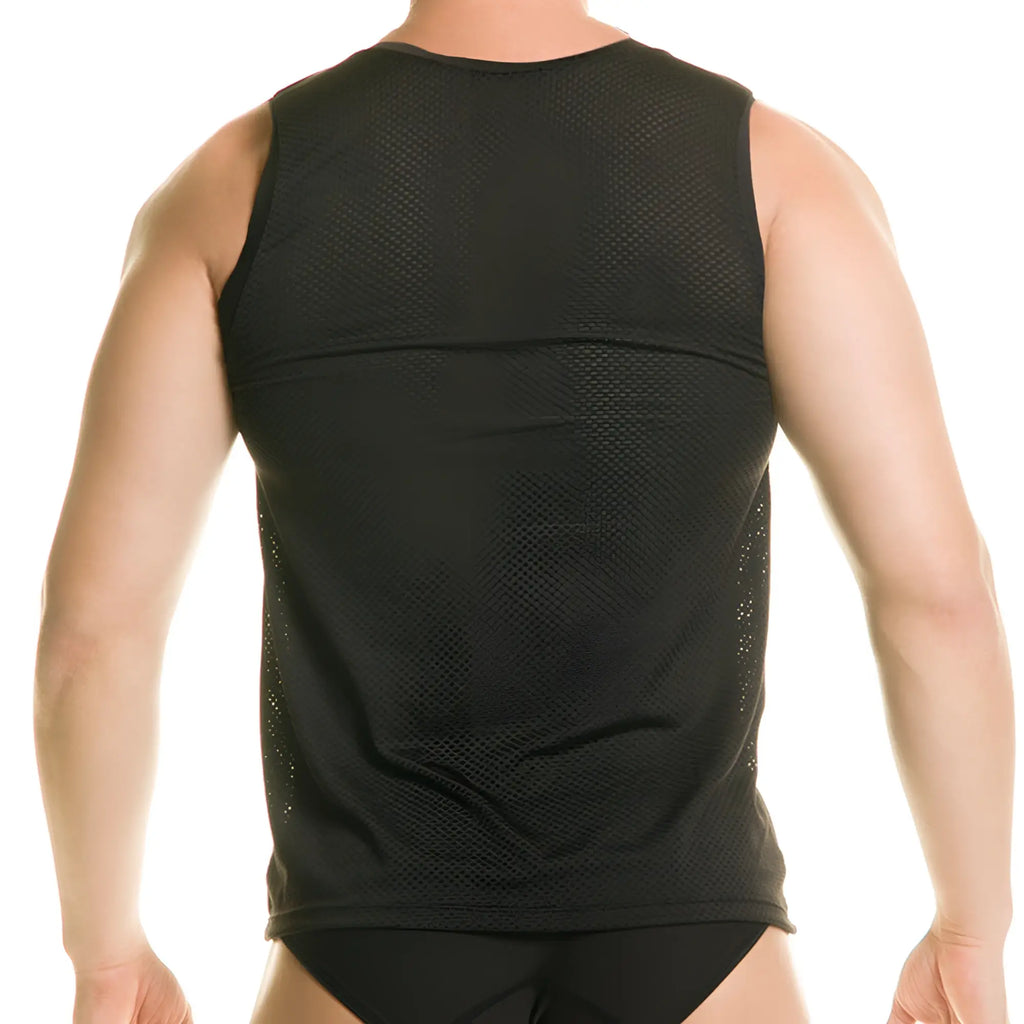 Gigo Diversity black tank sleeveless athletic top with black mesh, solid midsection panel, and perforated side panels