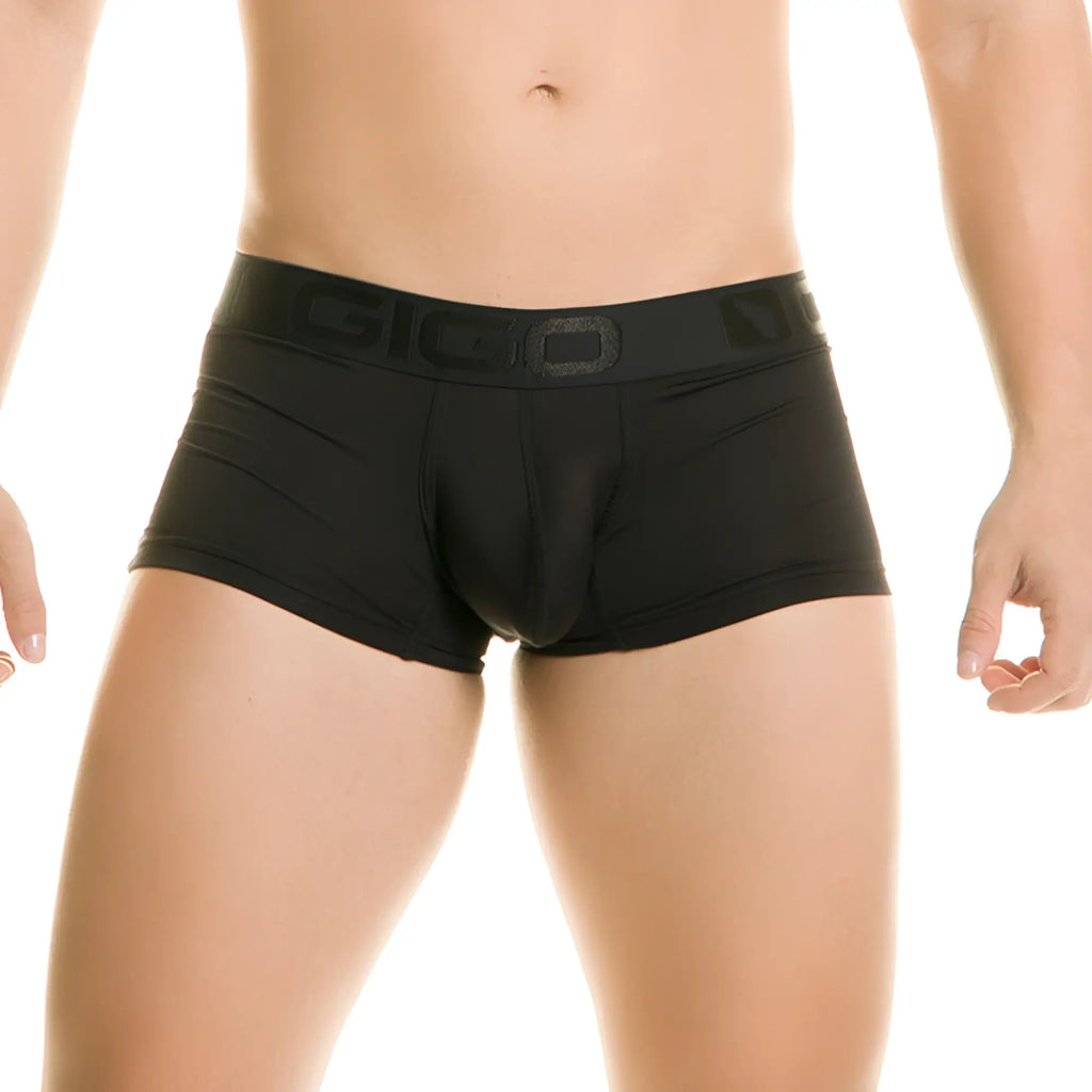 Black gicio men’s briefs in smooth form-fitting fabric with subtle waistband branding from gigo diversity black trunk