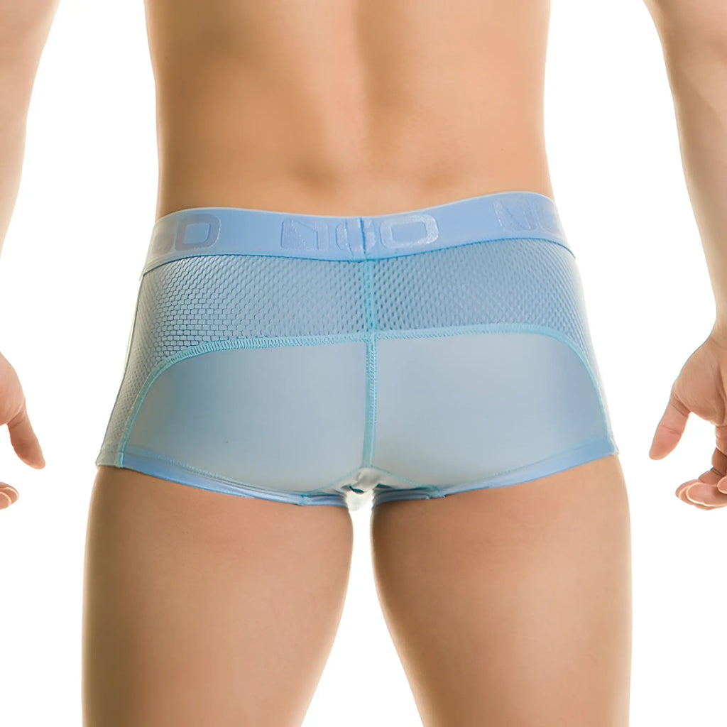 Light blue mesh briefs with solid waistband featuring gigo brand name from diversity blue trunk collection