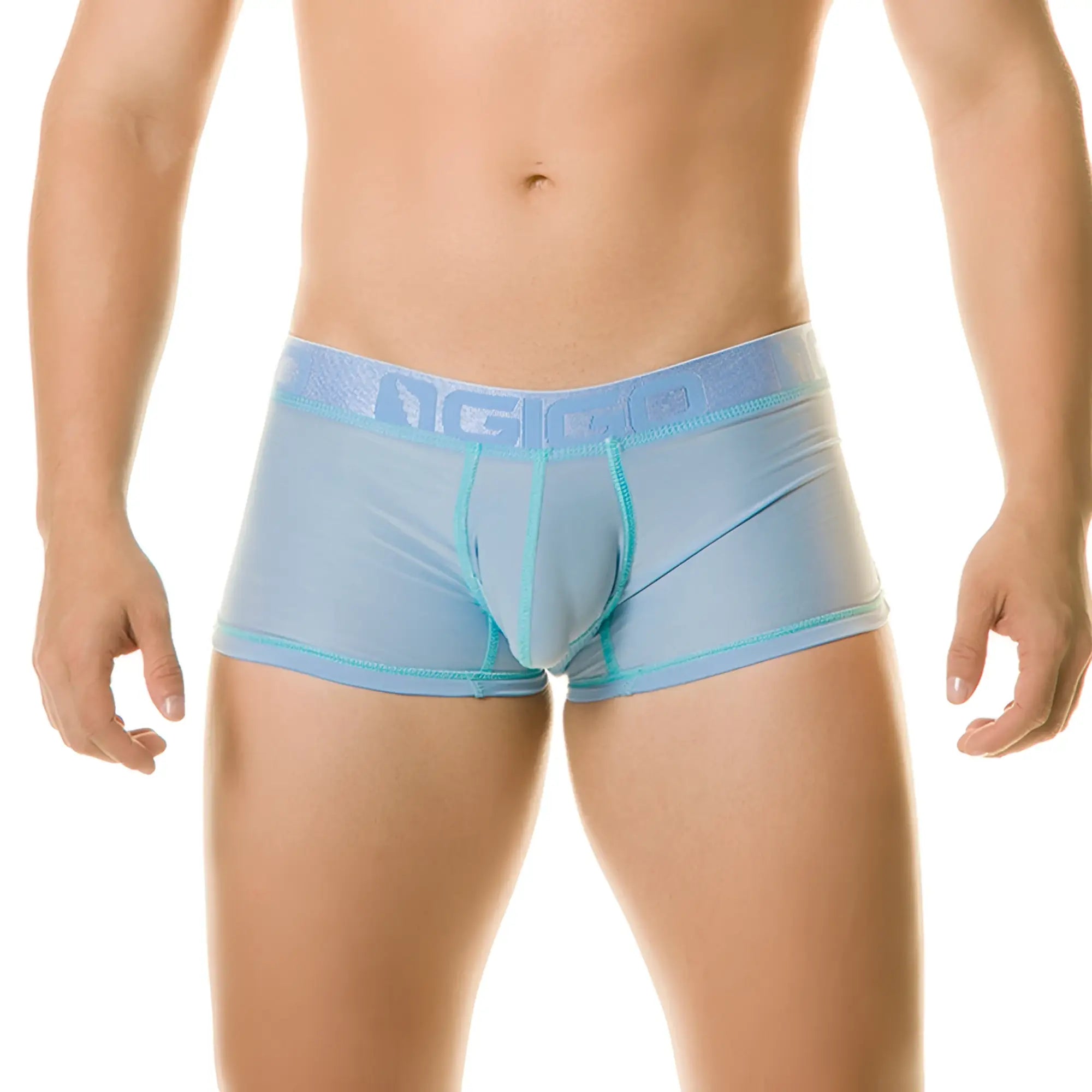 Light blue sheer men’s boxer briefs with matching embossed Gigo waistband in the diversity blue trunk style