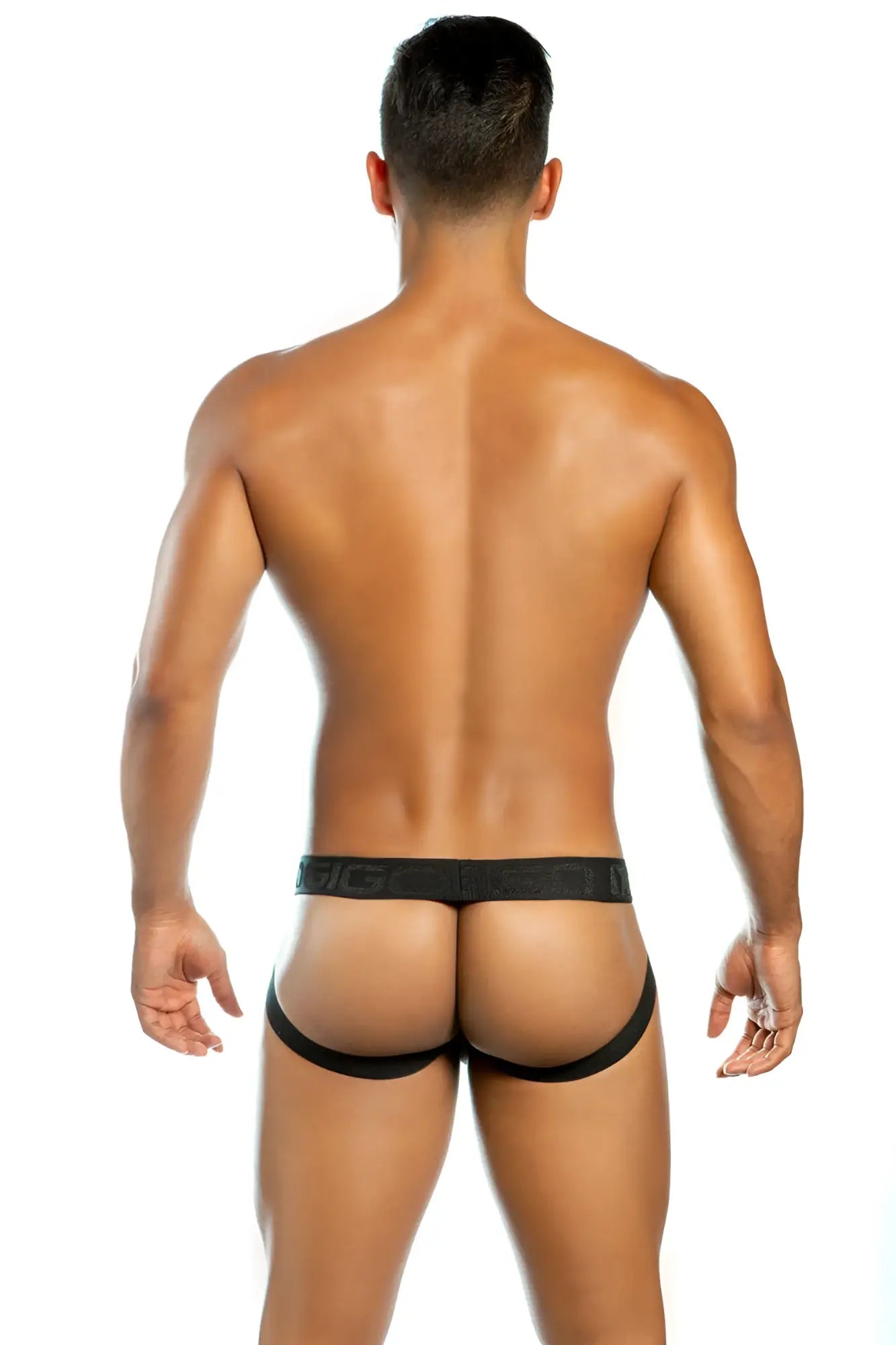 Black sleek form-fitting gigo easy black buttoned mesh jock strap underwear with bold big logo waistband size L