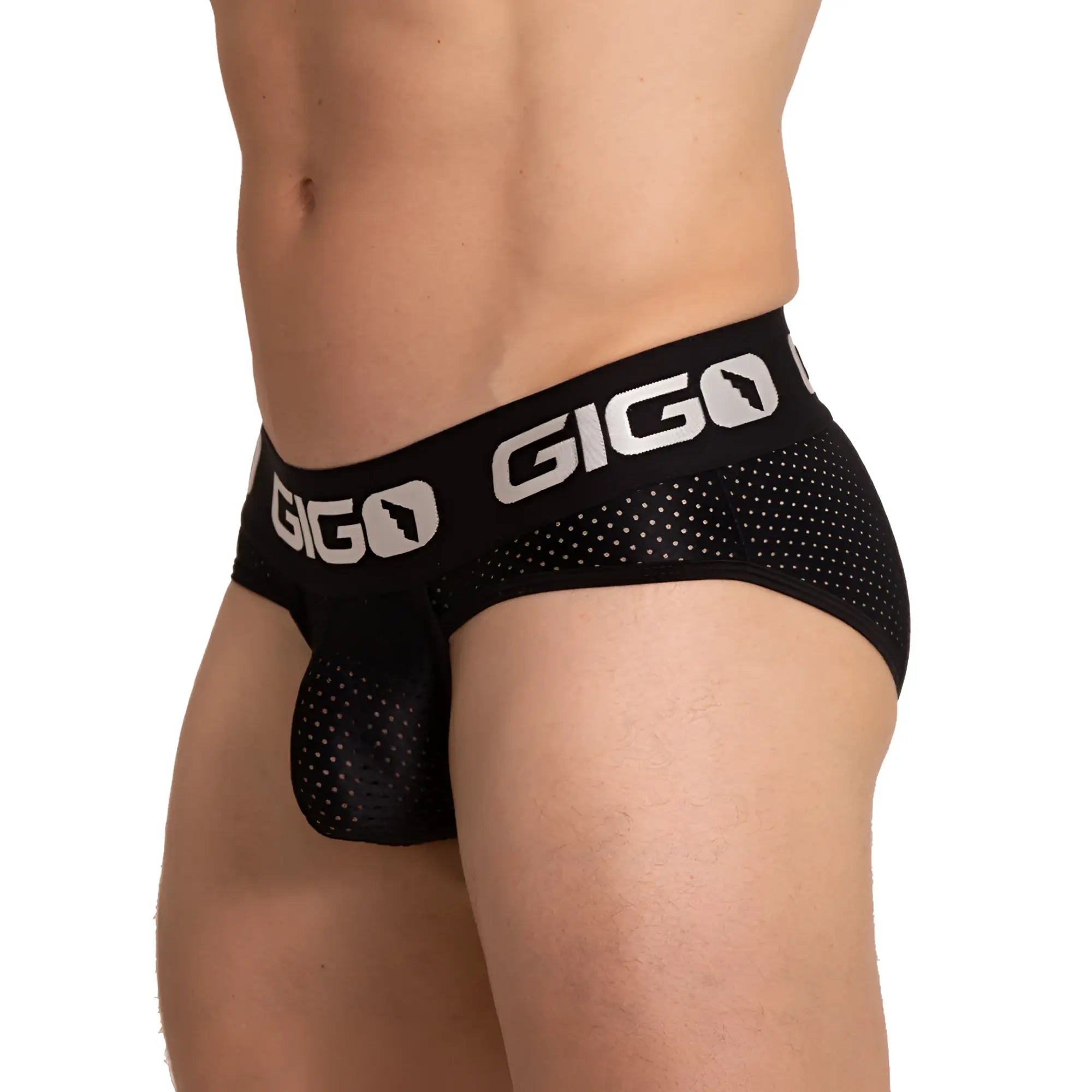 Black gigo brand men’s briefs with perforated mesh design and white logo on waistband energetic black brief