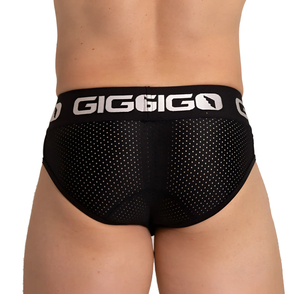Black gigo energetic brief with perforated mesh design and white logo trim for breathable comfort