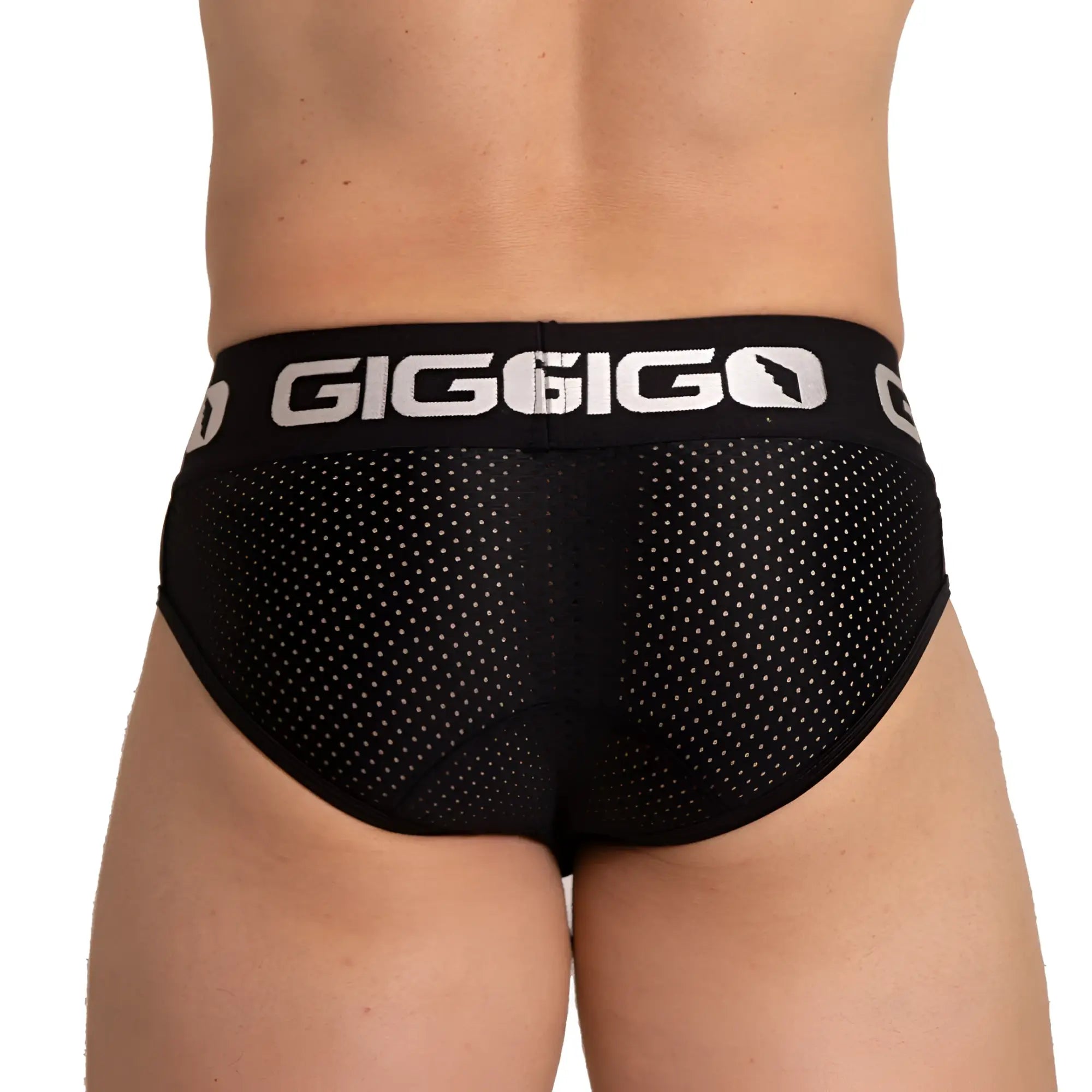 Black gigo energetic brief with perforated mesh design and white logo trim for breathable comfort