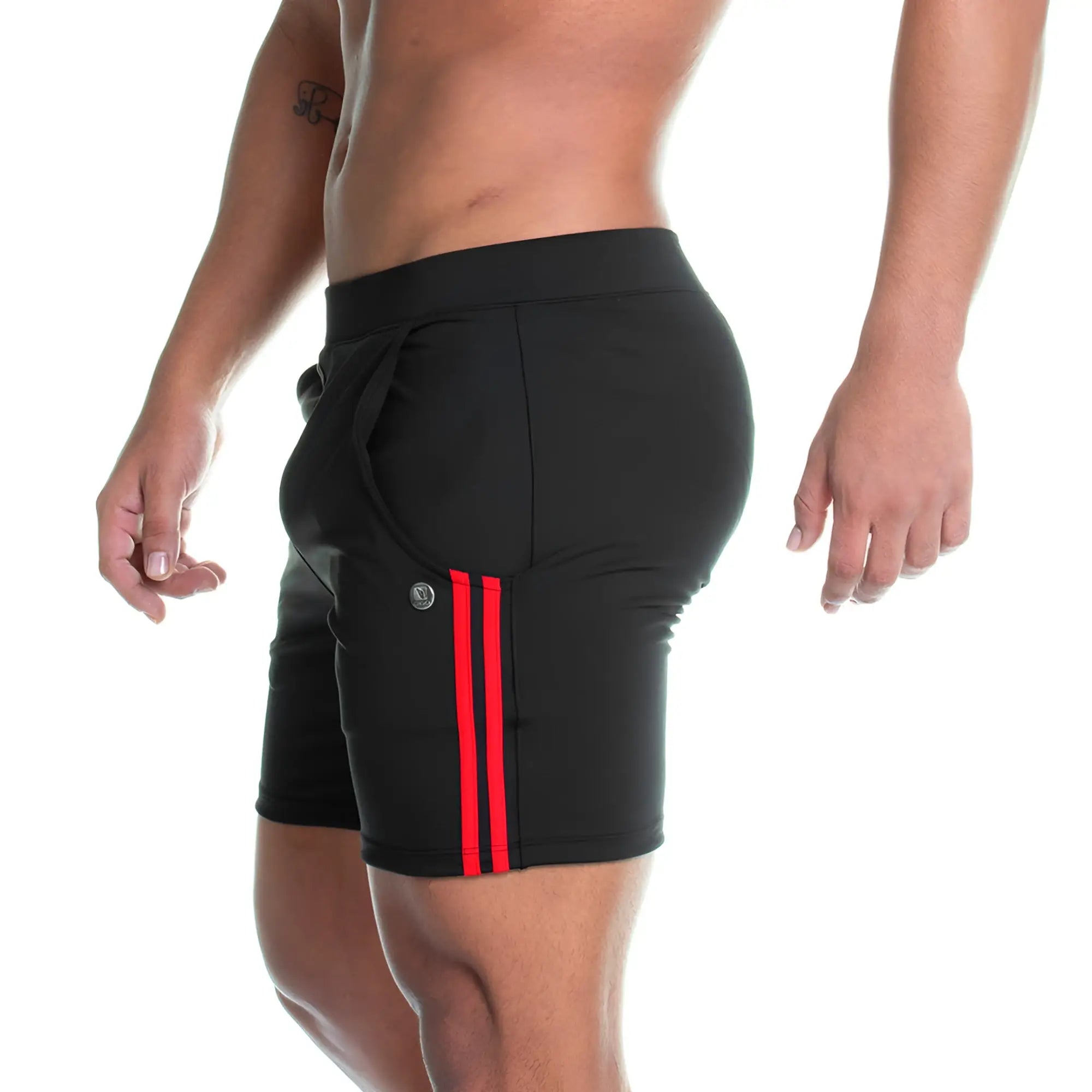 Gigo energetic black athletic shorts with bold red vertical stripes and a small circular logo on the thigh