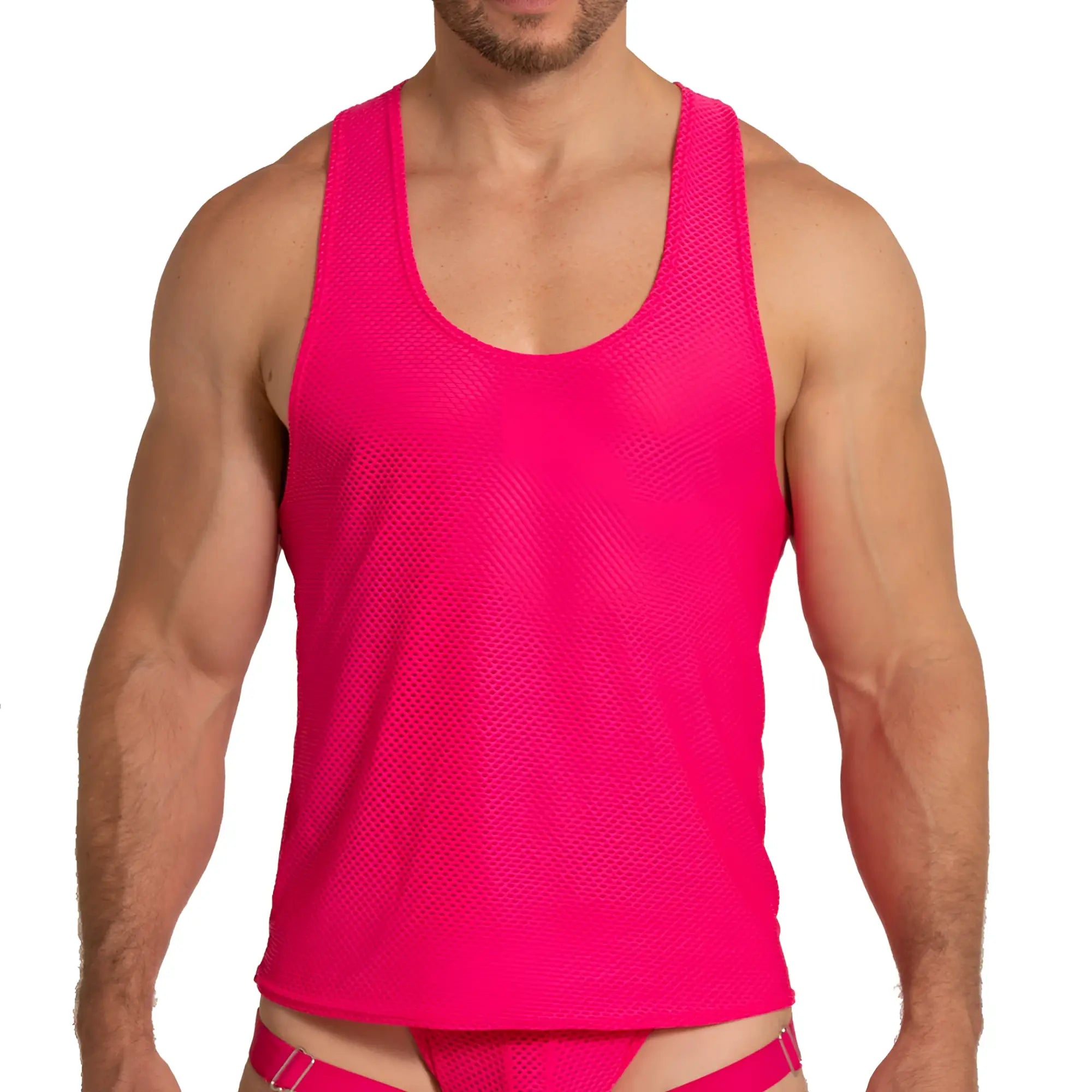 Bright pink mesh tank top from Gigo Energetic Fucshia tank with breathable fabric perfect for active wear