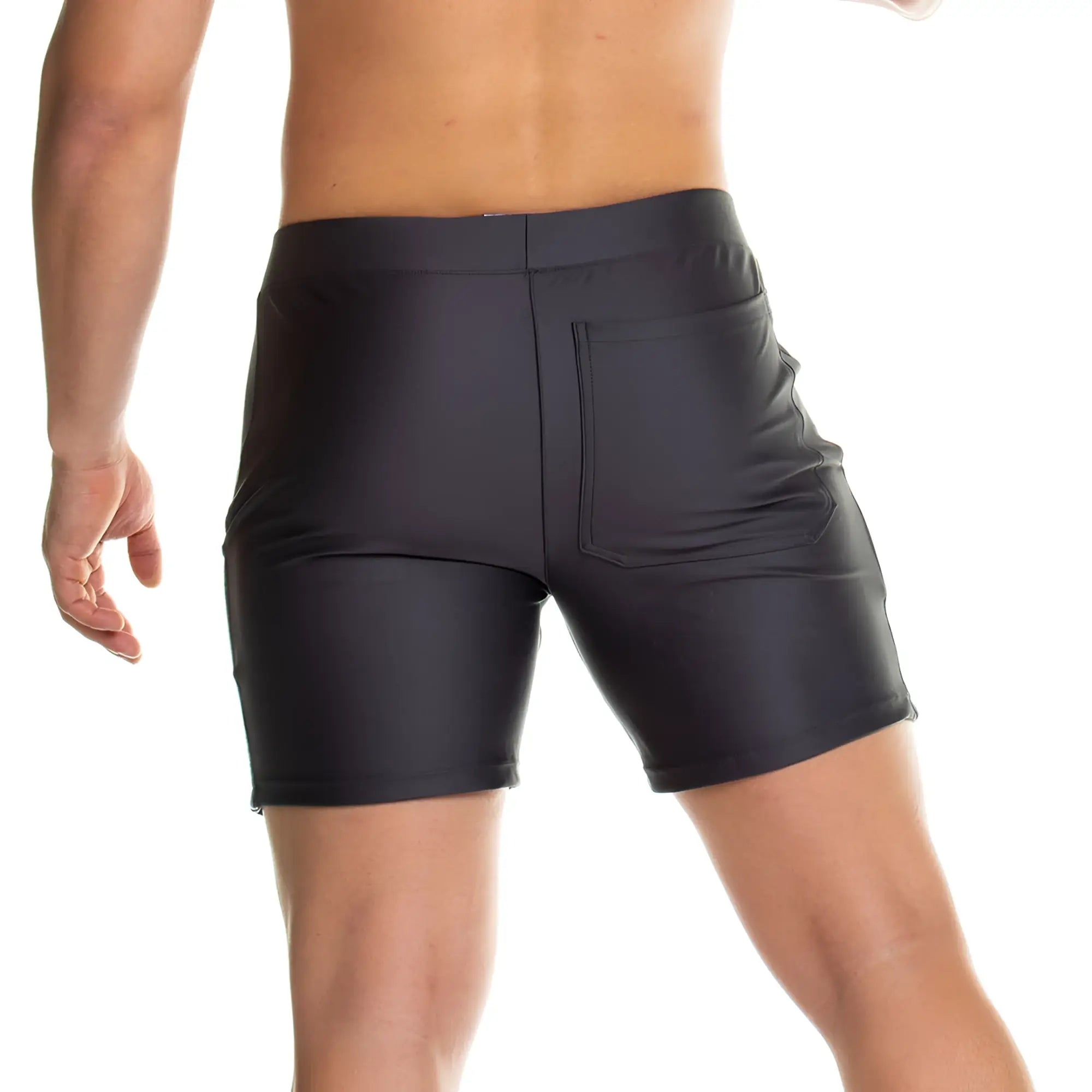 Black sleek form-fitting gigo energetic gray short swim trunks with subtle sheen and single rear pocket shown from back