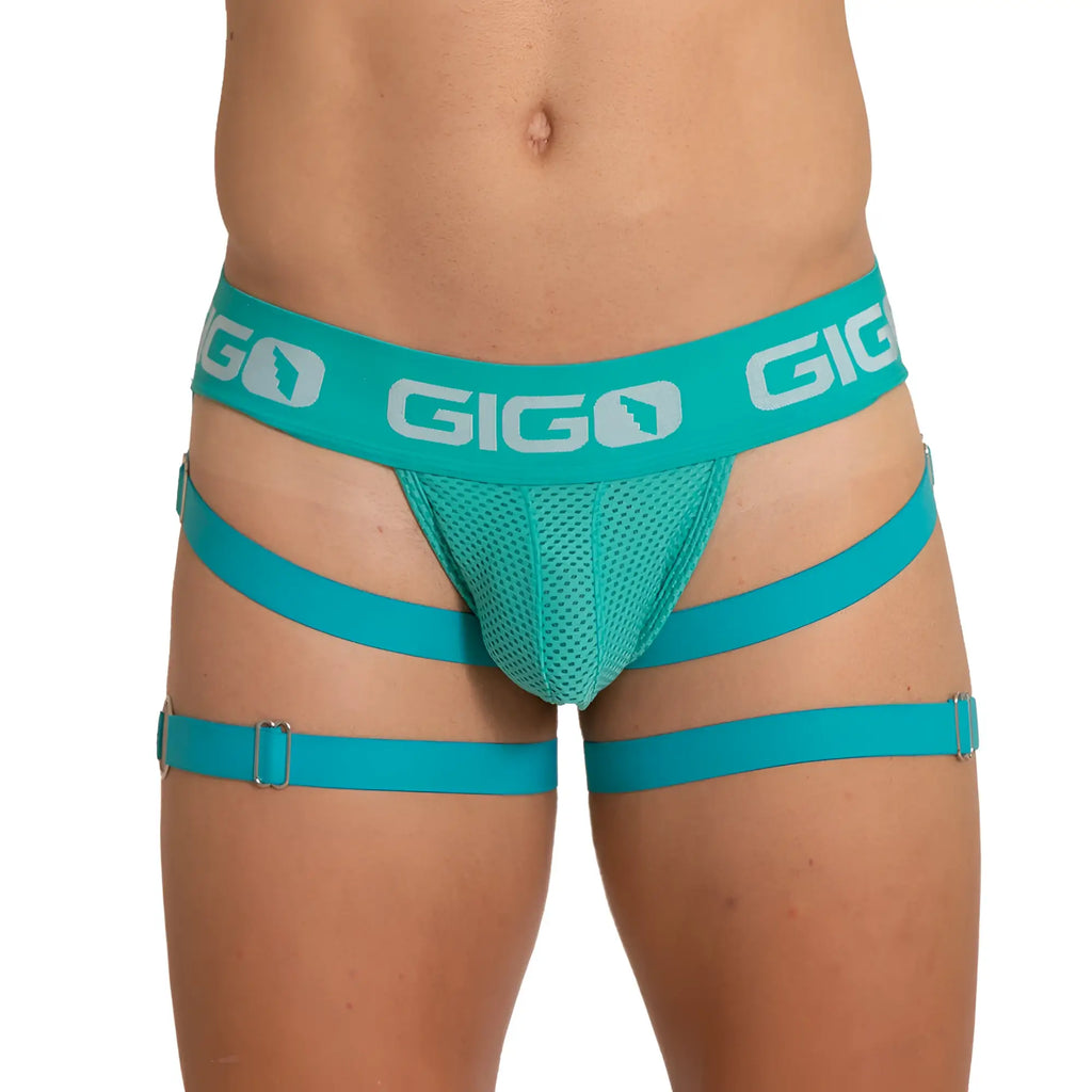 Teal gigo brand men’s mesh briefs with adjustable leg straps and branded waistband for energetic sporty wear
