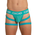 Teal gigo brand men’s mesh briefs with adjustable leg straps and branded waistband for energetic sporty wear
