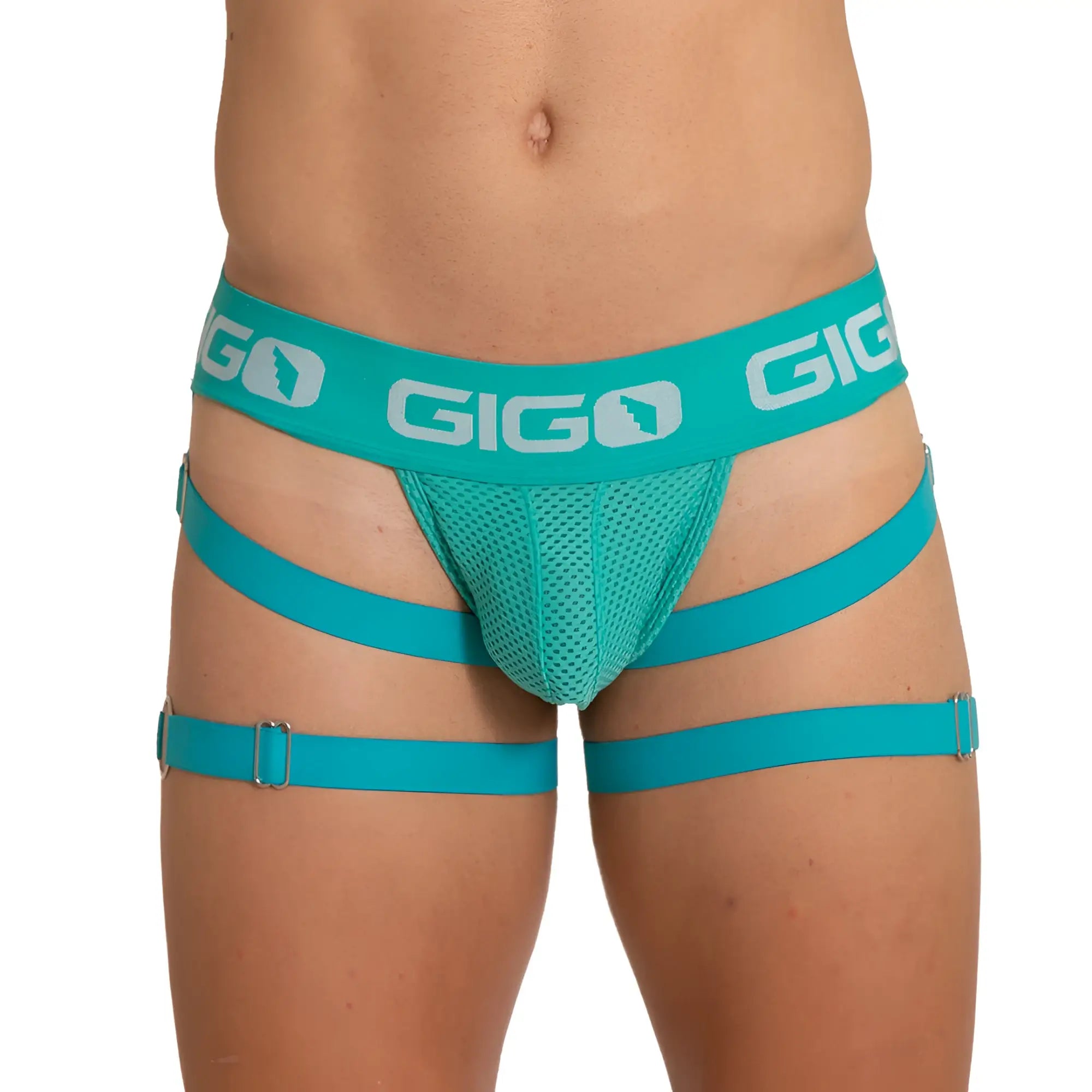 Teal gigo brand men’s mesh briefs with adjustable leg straps and branded waistband for energetic sporty wear
