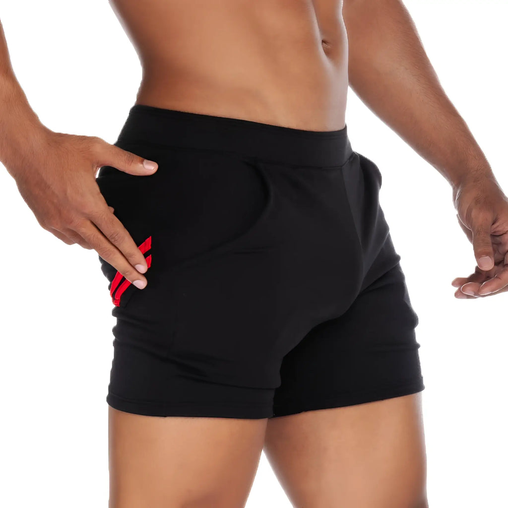 Gigo Energy black athletic shorts with red diagonal stripes on the side pocket made for active wear