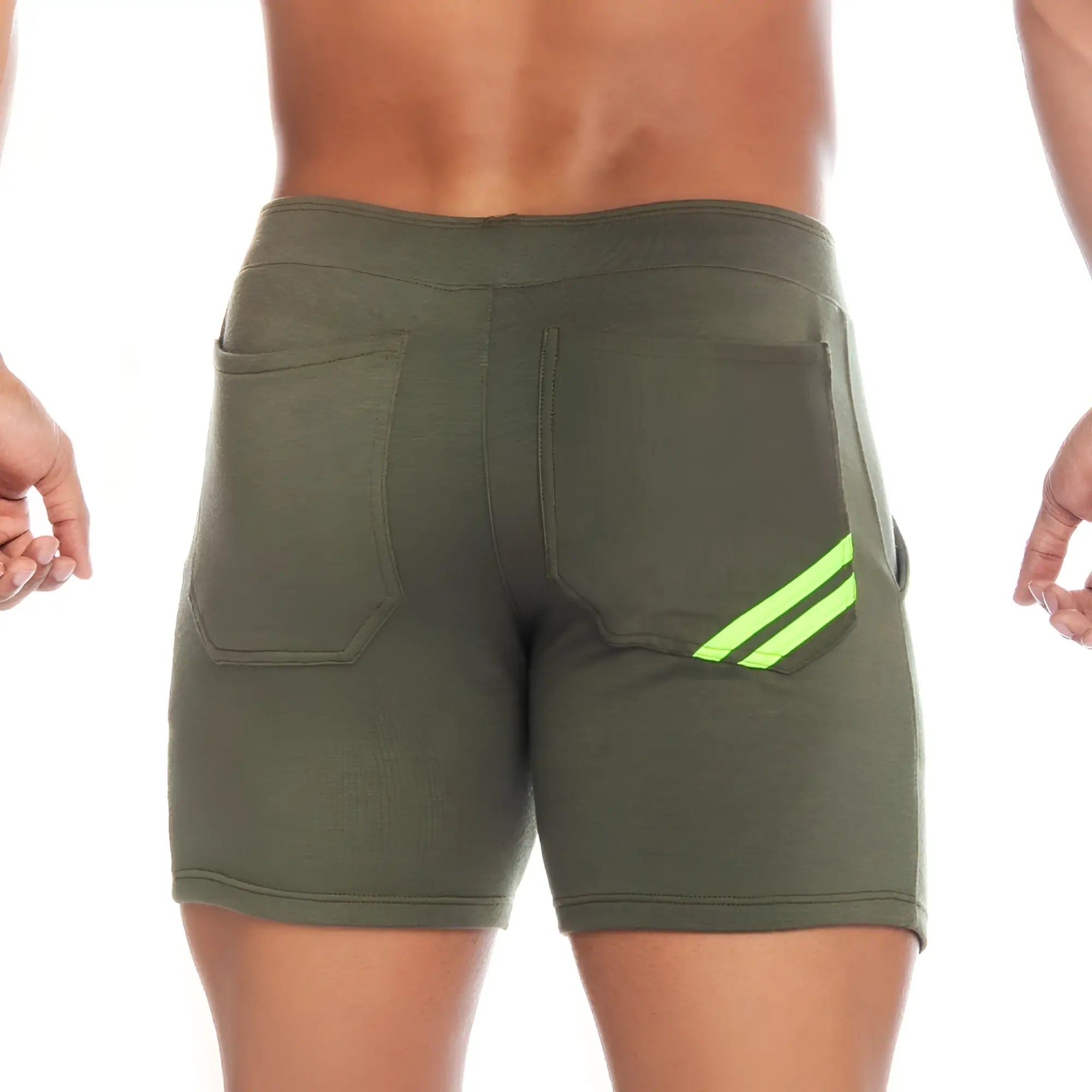Back side of gigo energy green short olive green athletic shorts with neon green diagonal stripes on back pockets