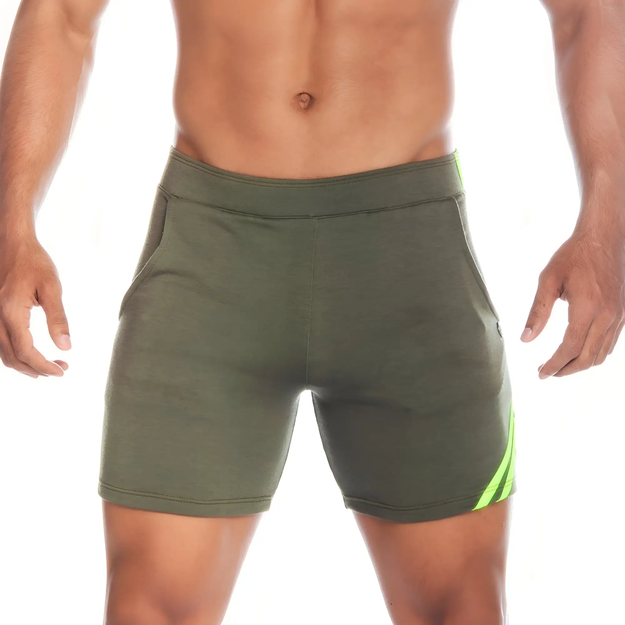 Olive green gigo energy green short with neon yellow side stripes designed for athletic use