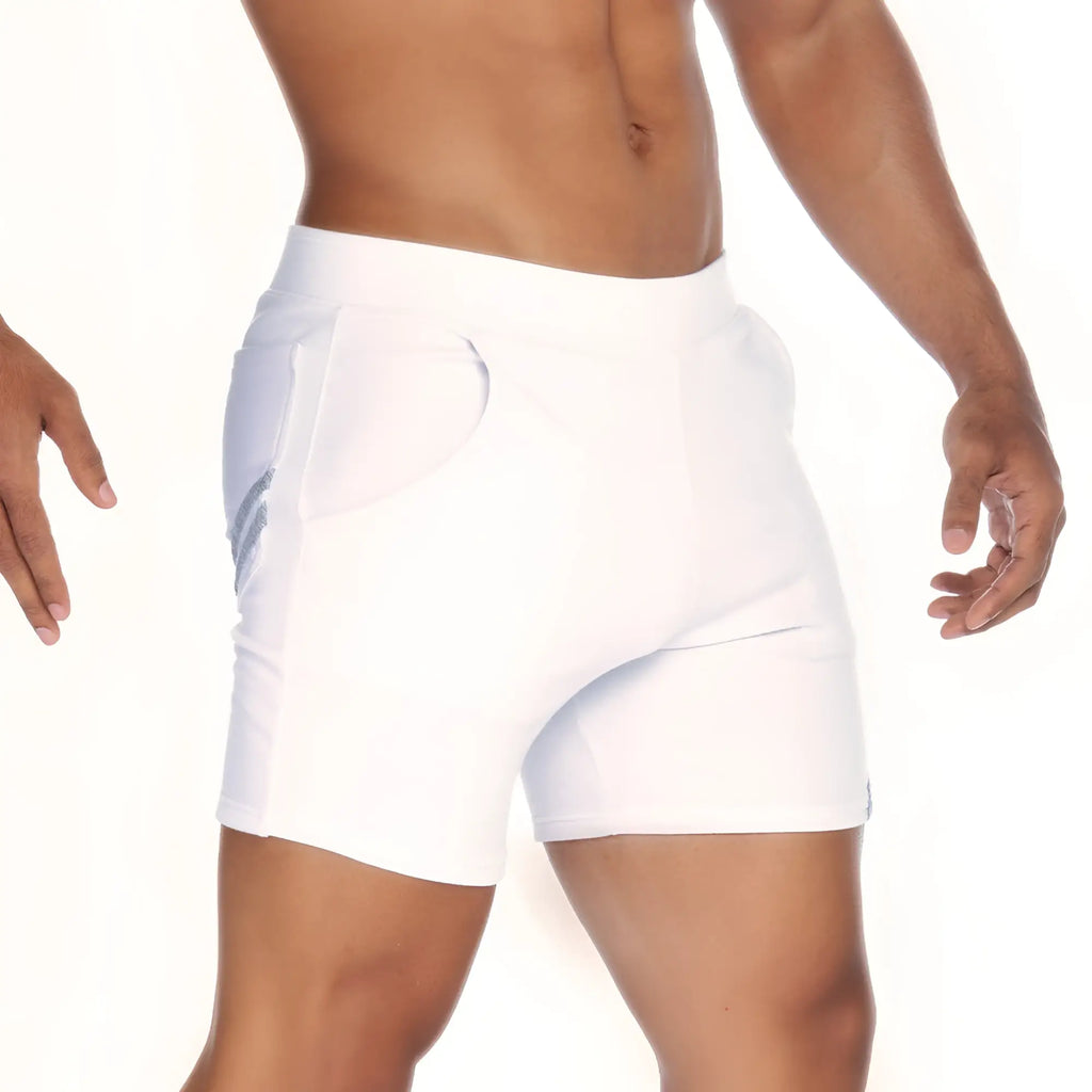 White gigo energy athletic shorts with a subtle gray logo on the side ideal for active wear